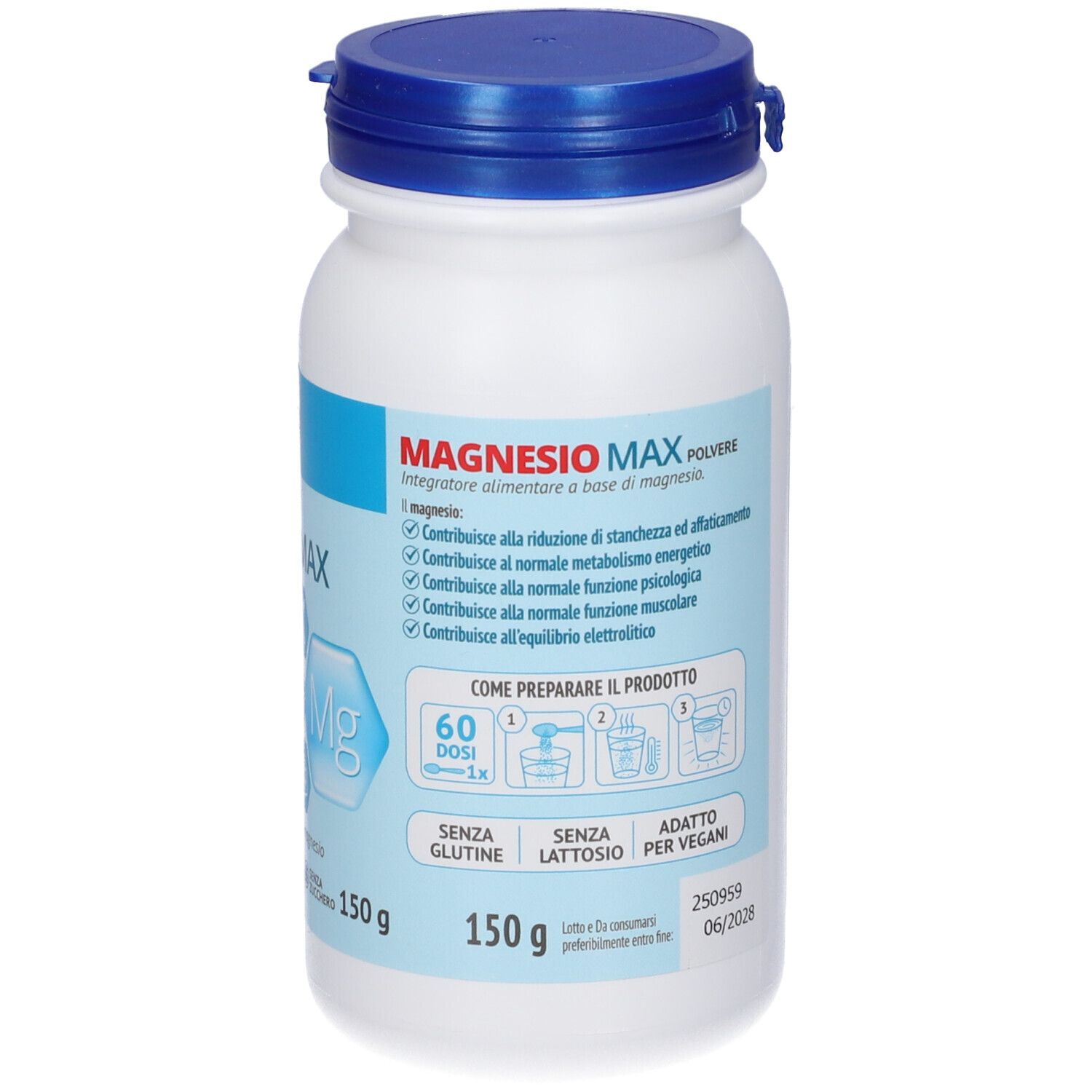 Contenitore bianco integratore alimentare, tappo blu. Scritta: Magnesio Max, Santiveri. Contiene 150g. 60 dosi.