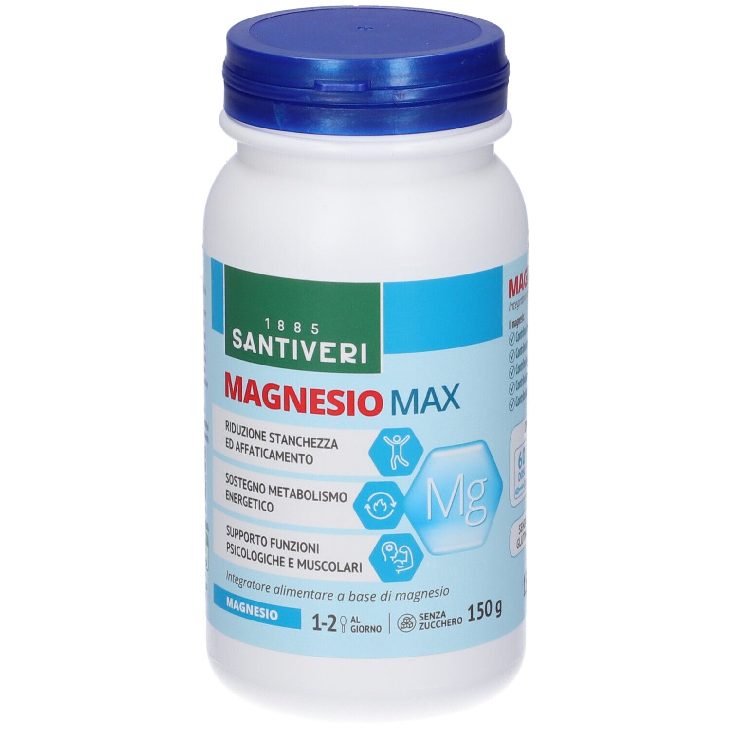 Contenitore bianco integratore alimentare, tappo blu. Scritta: Magnesio Max, Santiveri. Contiene 150g. Simbolo Mg.