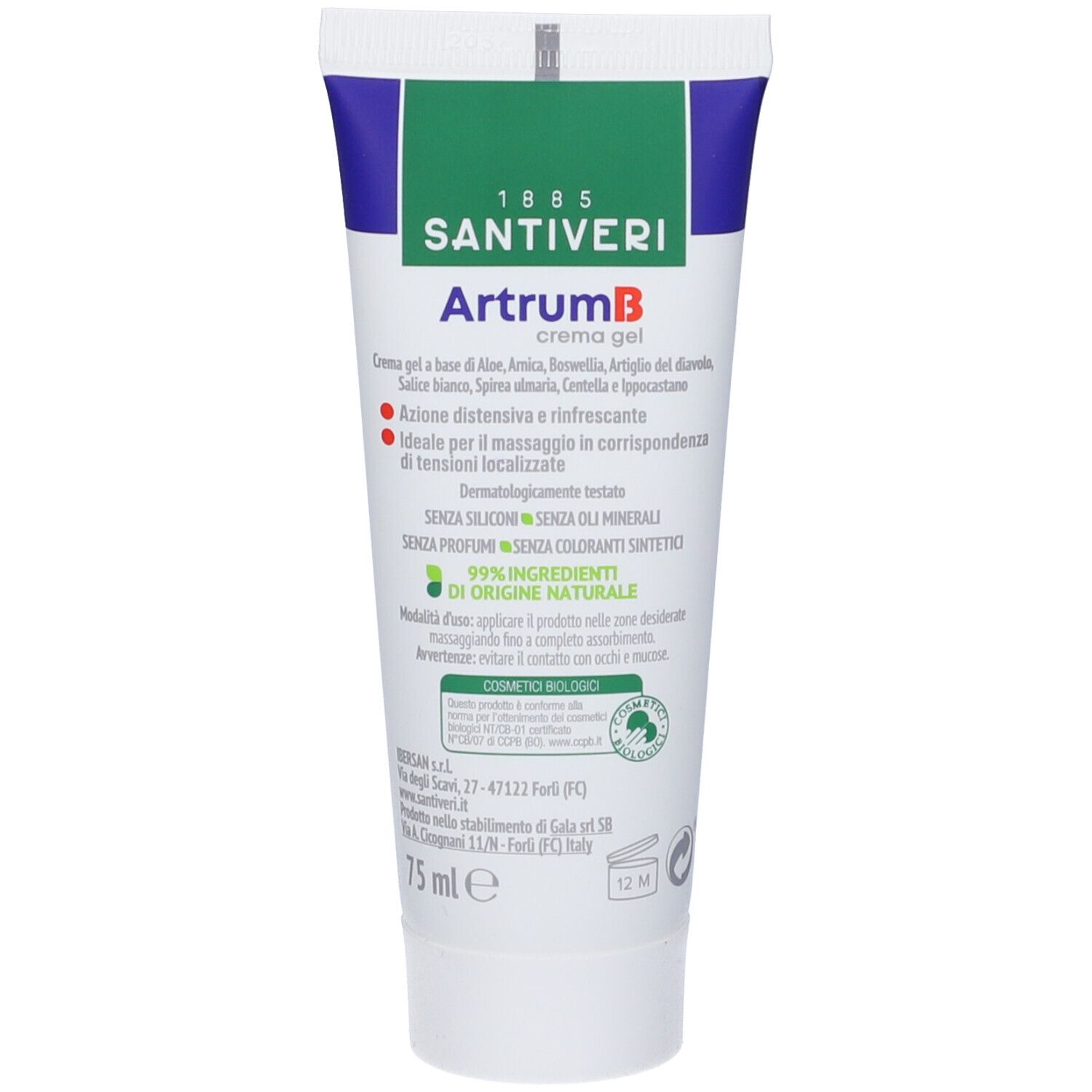 Tubo di crema gel Artrum B. Contiene informazioni sugli ingredienti, senza siliconi, oli minerali e coloranti. 99% ingredienti naturali.