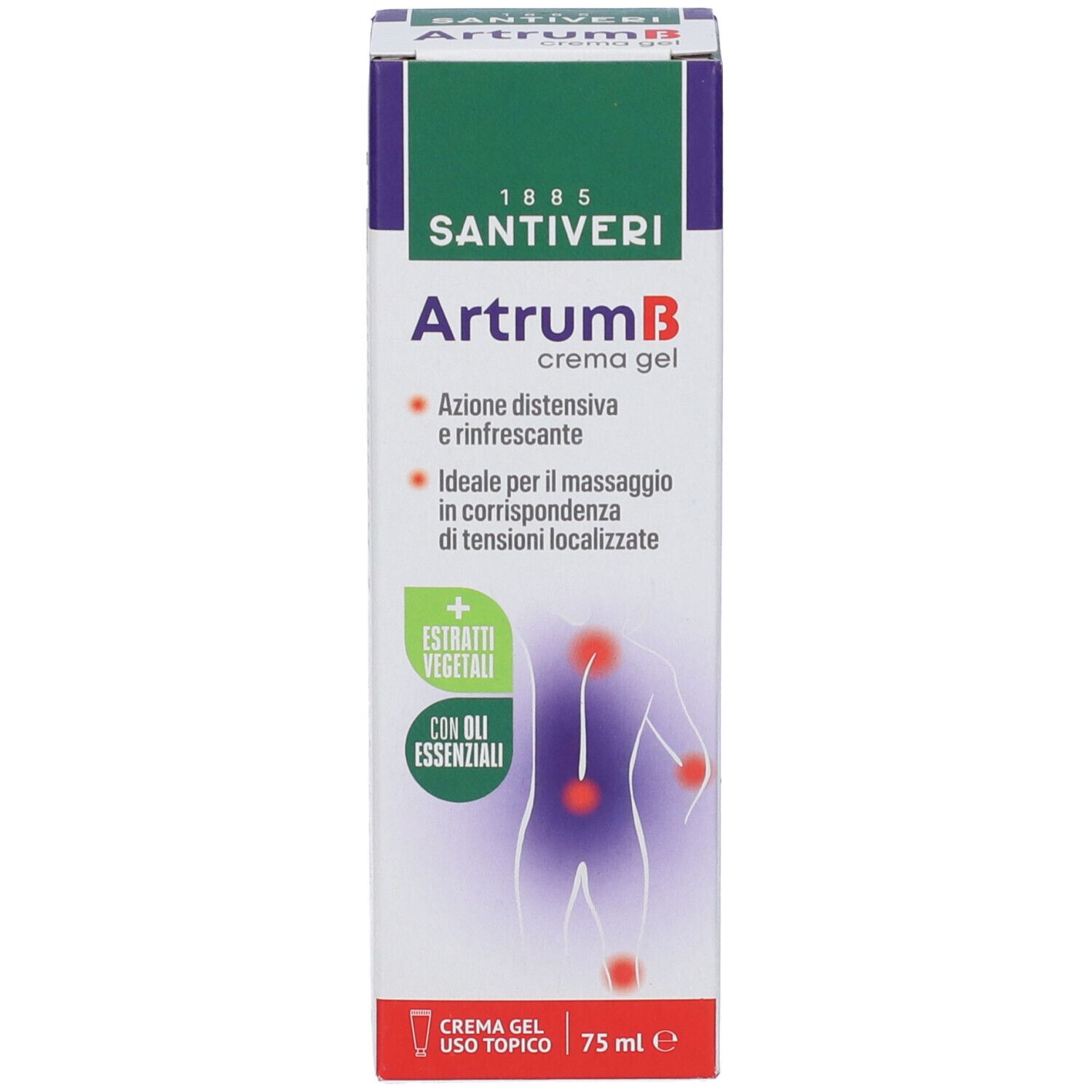 Confezione del prodotto Artrum B crema gel. Confezione verde e bianca con informazioni e logo. 75 ml.