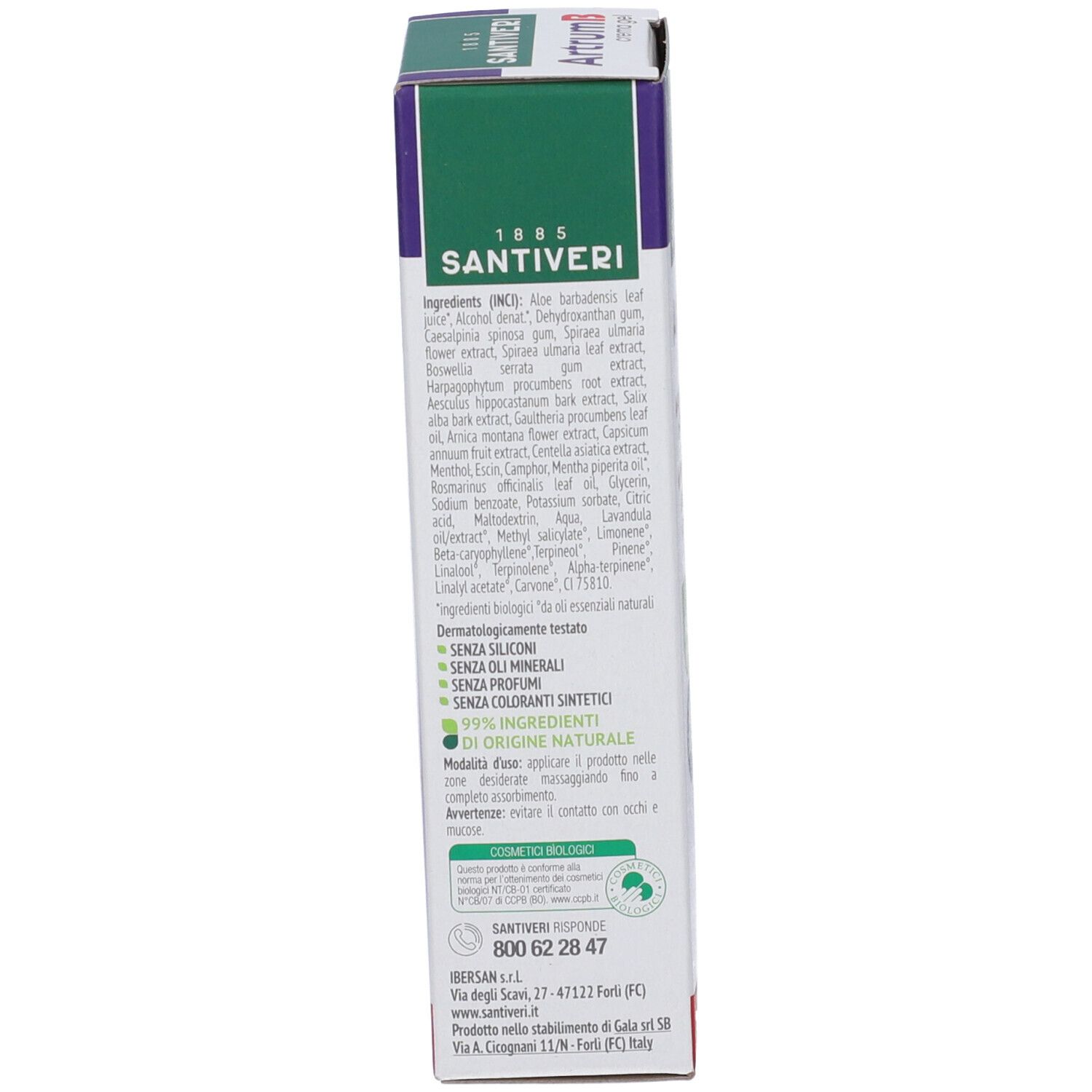 Retro della confezione del prodotto Artrum B crema gel. Elenco degli ingredienti e altre informazioni.