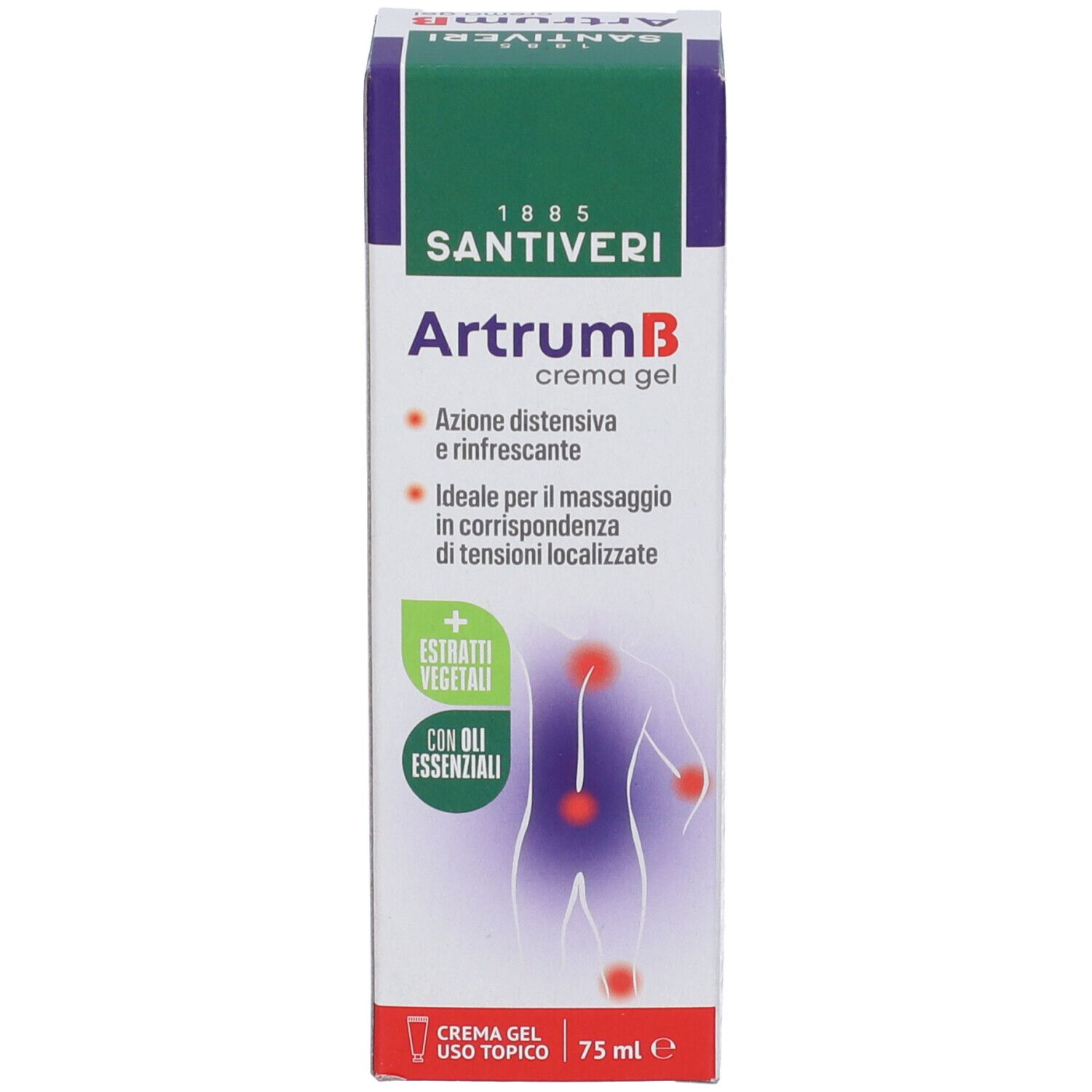 Confezione del prodotto Artrum B crema gel. Confezione verde e bianca con informazioni e logo. 75 ml.