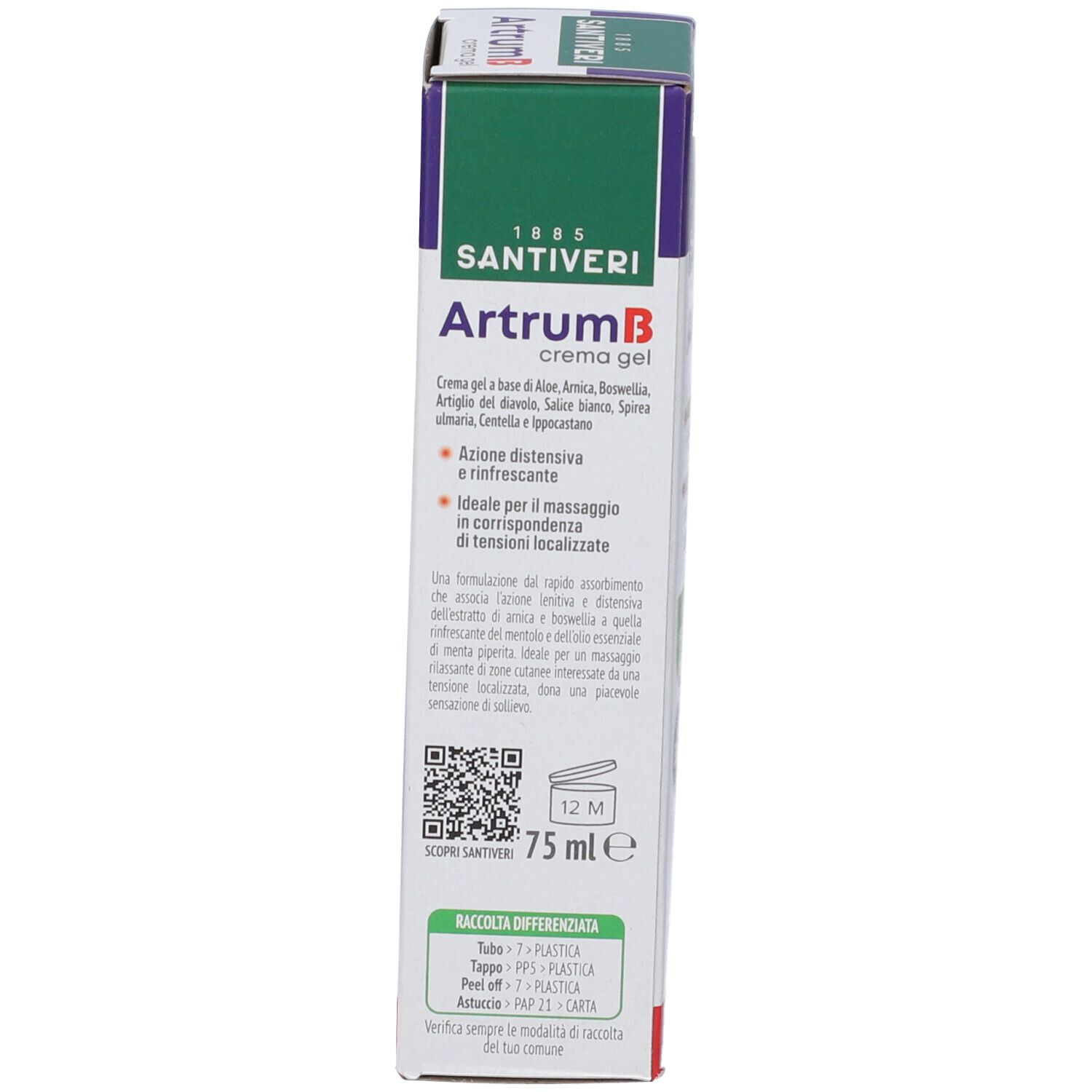 Retro della confezione del prodotto Artrum B crema gel. Contiene informazioni, codice QR e istruzioni per il riciclo.