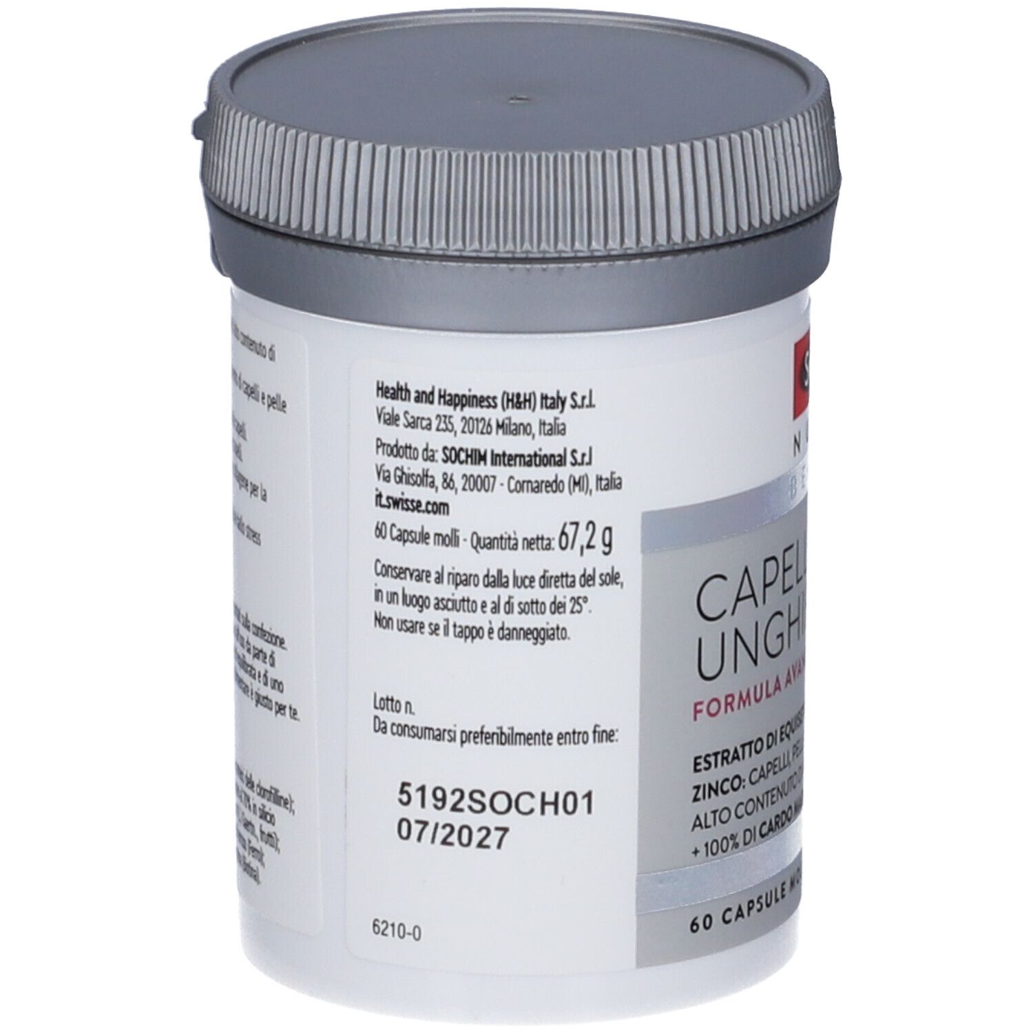 Retro del contenitore bianco. Testo: 60 capsule, 67,2g. Informazioni produttore e scadenza.