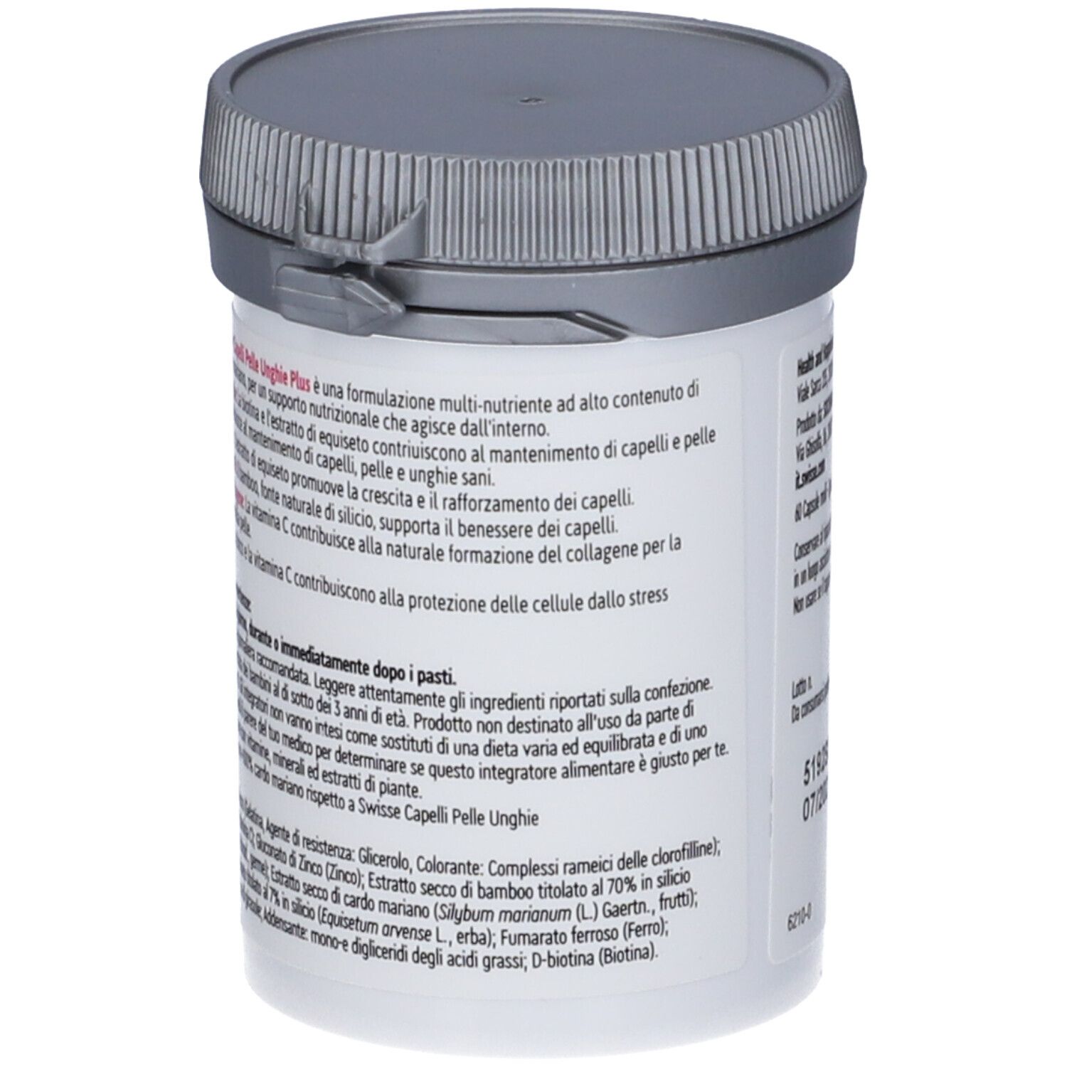 Retro del contenitore bianco. Testo: informazioni prodotto, ingredienti, avvertenze.