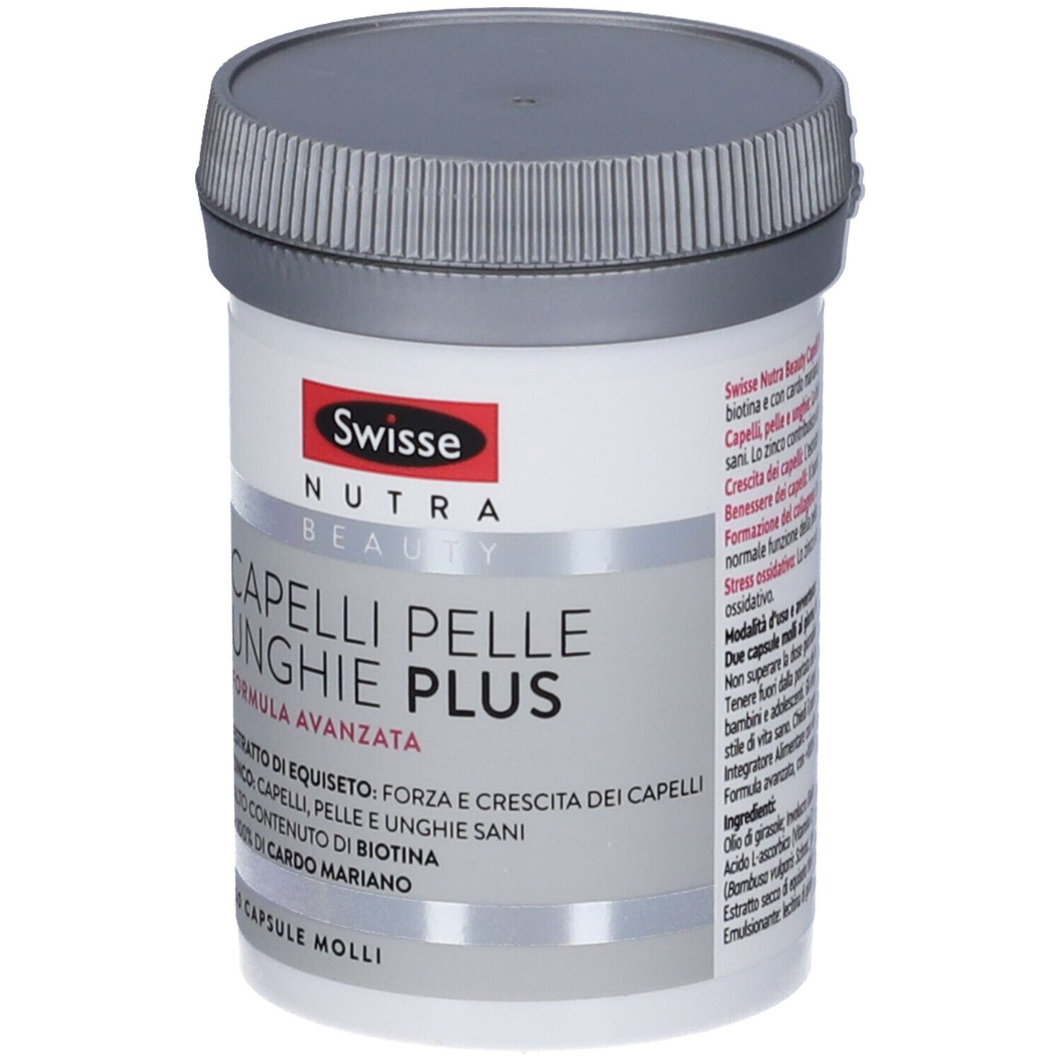 Contenitore bianco con coperchio grigio. Scritta: Swisse Nutra Beauty, Capelli Pelle Unghie Plus. 60 capsule.