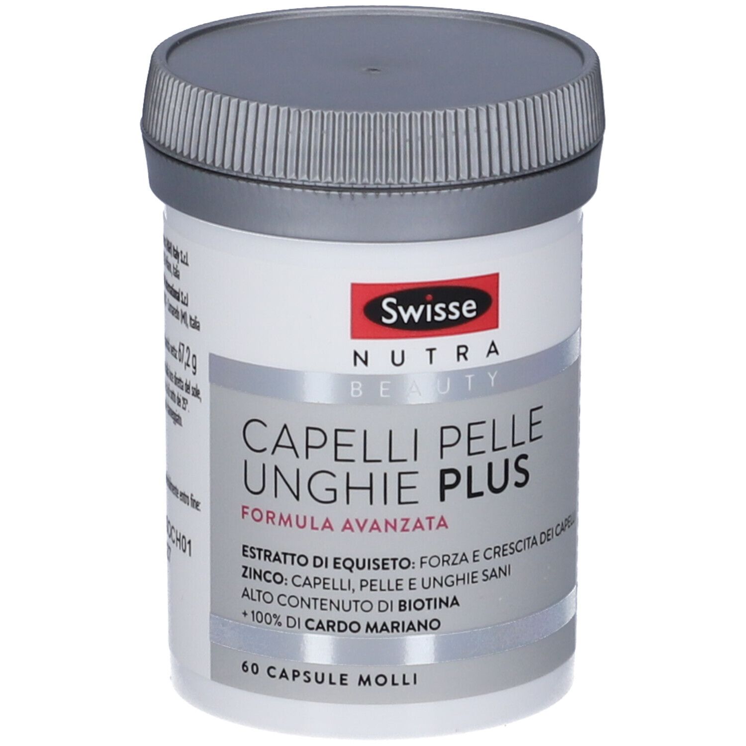 Contenitore bianco con coperchio grigio. Scritta: Swisse Nutra Beauty, Capelli Pelle Unghie Plus. 60 capsule.