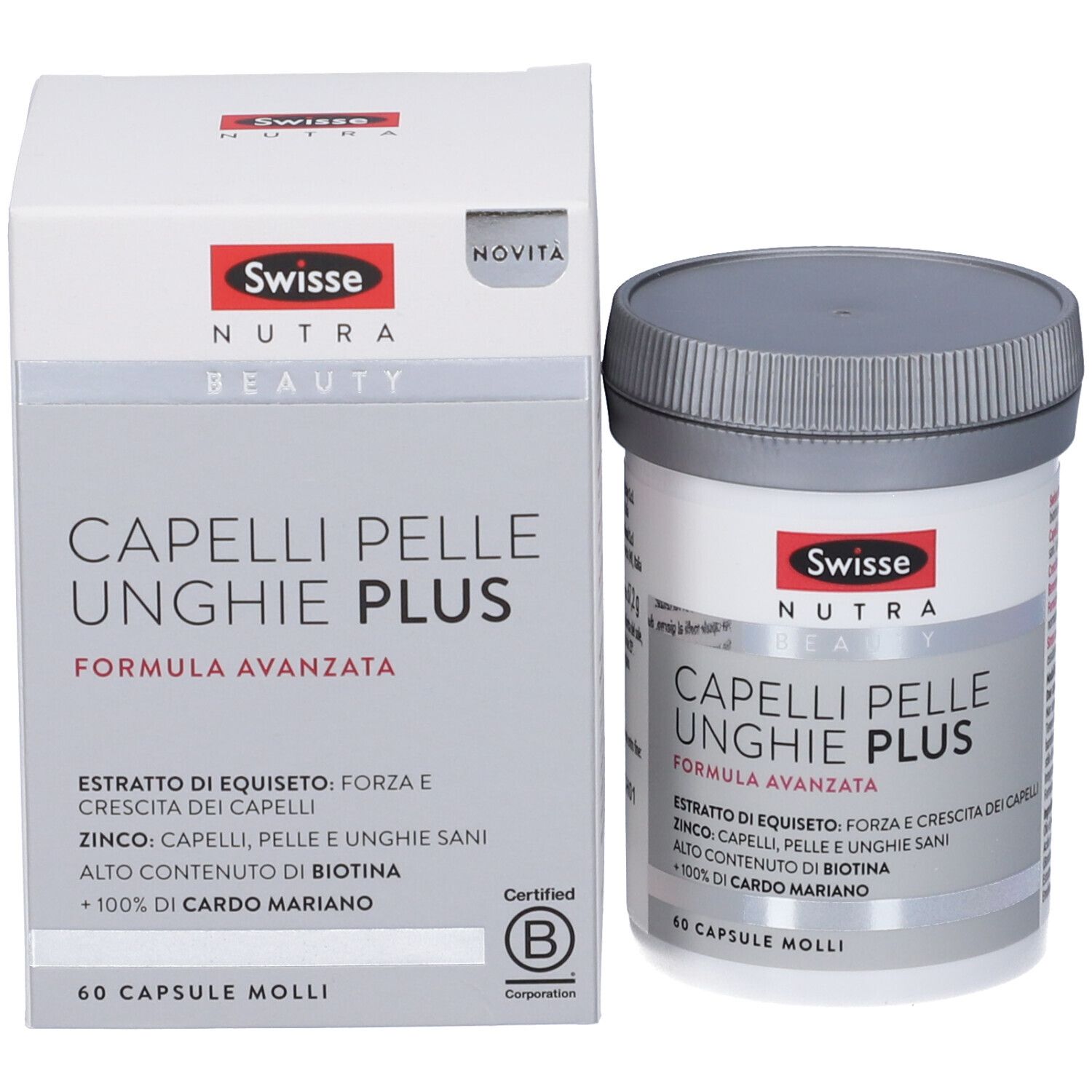 Confezione e contenitore. Scritta: Swisse Nutra Beauty, Capelli Pelle Unghie Plus. 60 capsule. Certificazione.