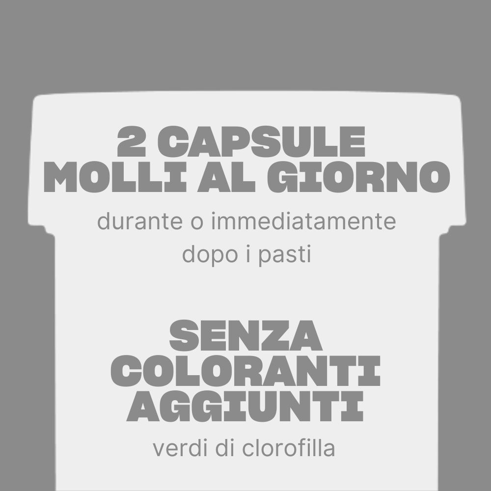 Sfondo grigio con testo. Indicazione: 2 capsule al giorno, senza coloranti.