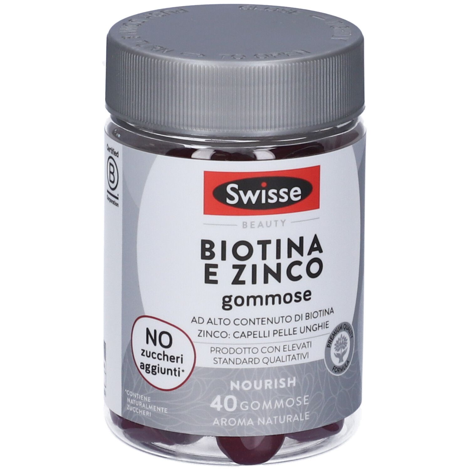 Barattolo trasparente, tappo grigio. Scritta: Swisse, Biotina & Zinco, 40 caramelle gommose. Senza zuccheri aggiunti. Contiene caramelle.