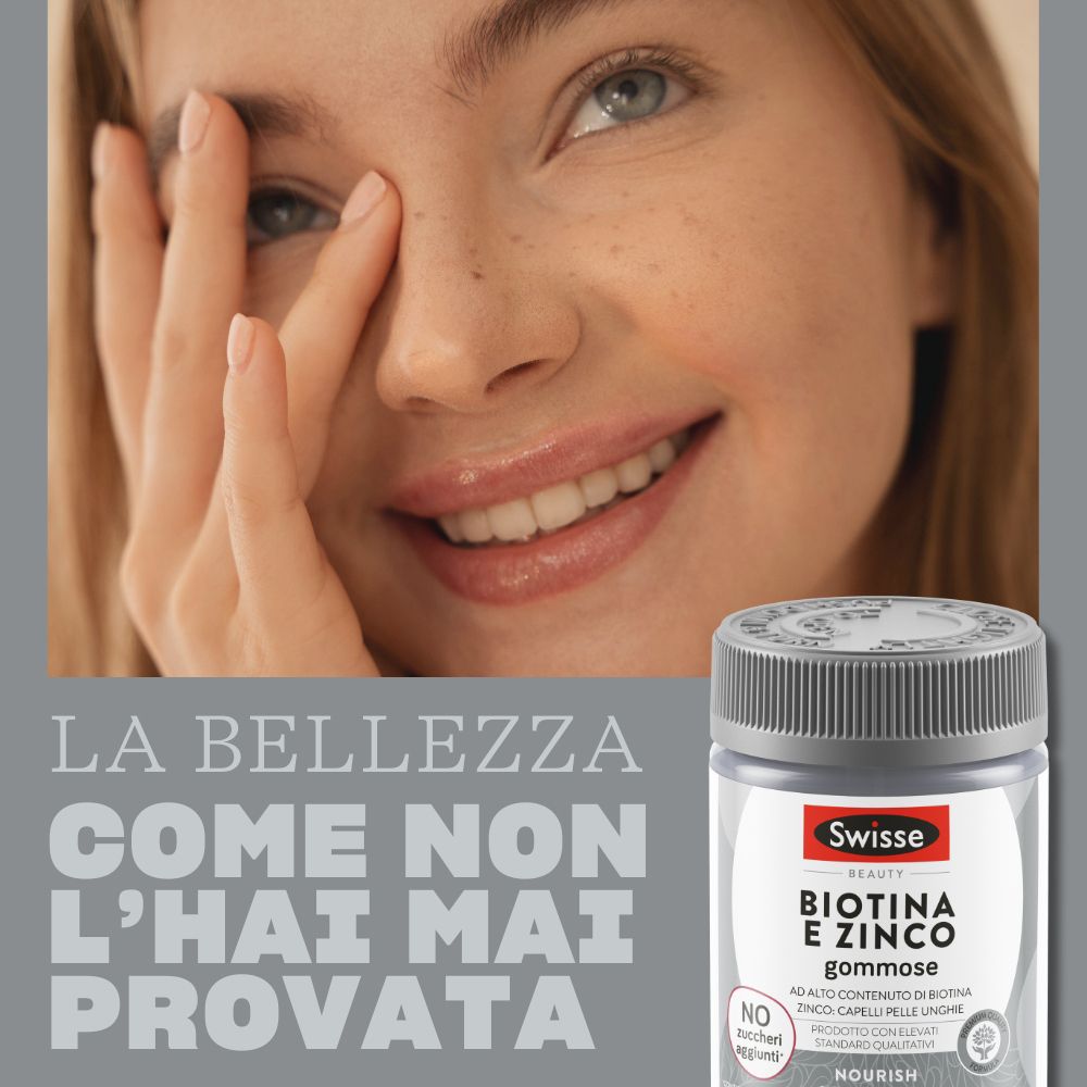 Pubblicità con donna e caramelle gommose Swisse Beauty Biotina & Zinco. Testo: La Bellezza come non l'hai mai provata.
