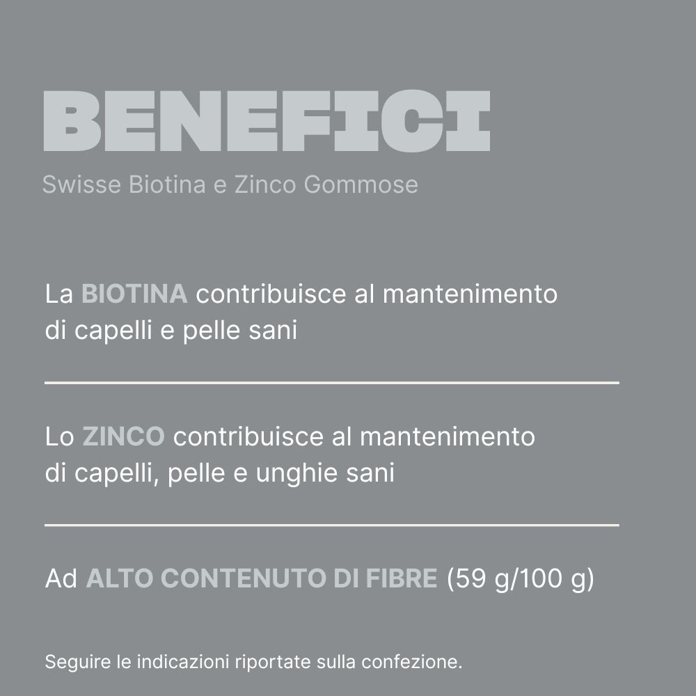 Testo: Benefici di Swisse Biotina & Zinco gommose. Biotina per capelli & pelle. Zinco per capelli, pelle & unghie.
