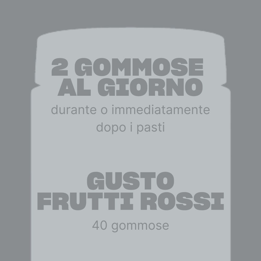 Testo: 2 gommose al giorno. Gusto: Frutti rossi. 40 gommose.