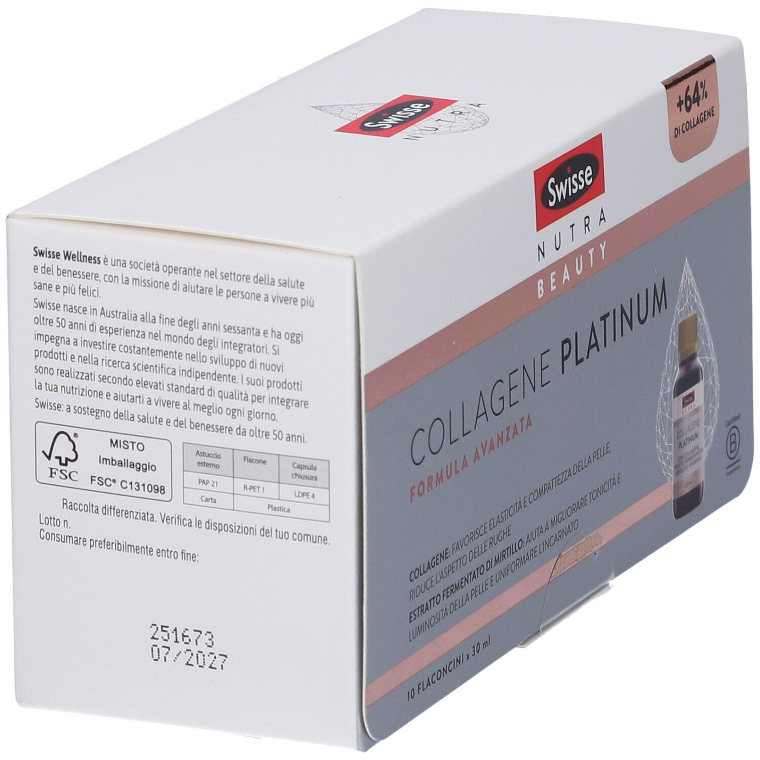 Confezione di Swisse Collagene Platinum. Scatola bianca con informazioni sul prodotto e logo. Certificazione FSC.