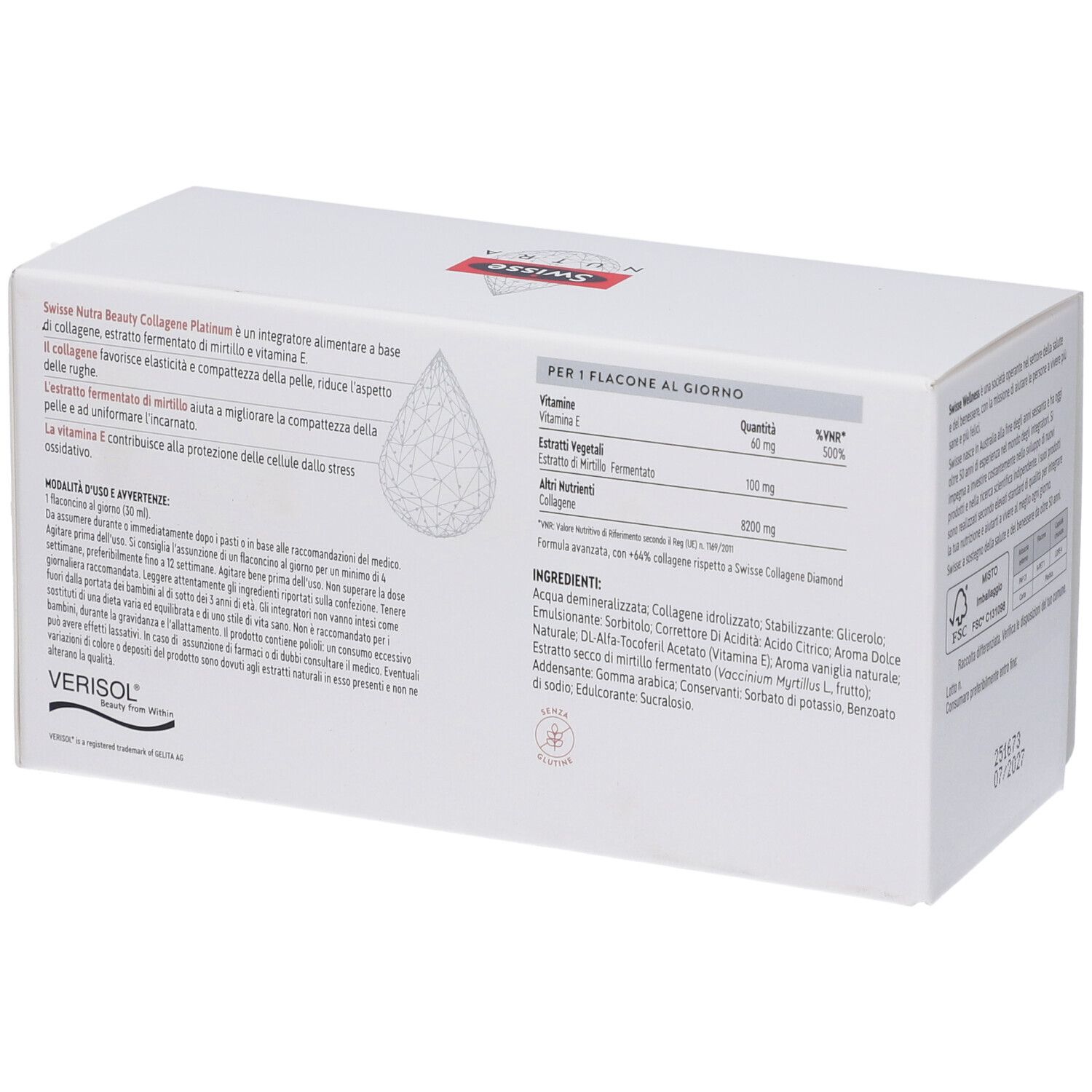 Retro della confezione di Swisse Collagene Platinum. Contiene informazioni sugli ingredienti e i valori nutrizionali.