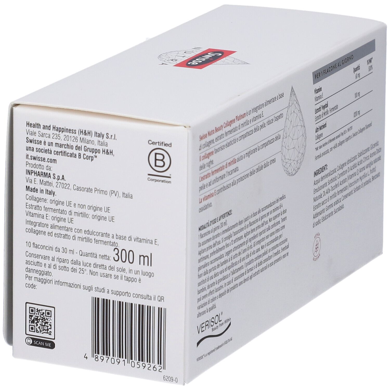 Retro della confezione di Swisse Collagene Platinum. Contiene informazioni sulla produzione e gli ingredienti.