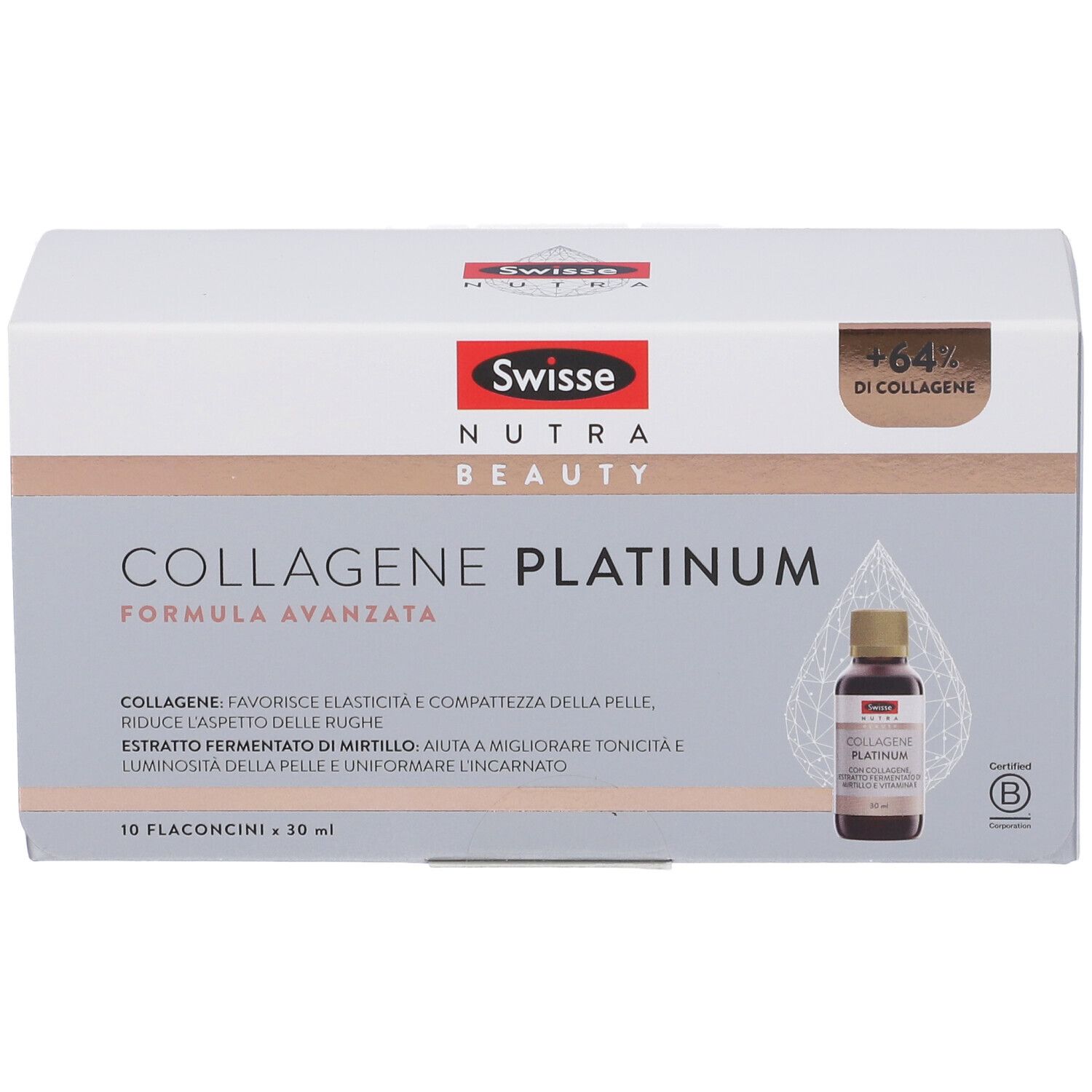 Confezione di Swisse Collagene Platinum. Scatola bianca con immagine del prodotto e logo. Contiene 10 flaconcini.