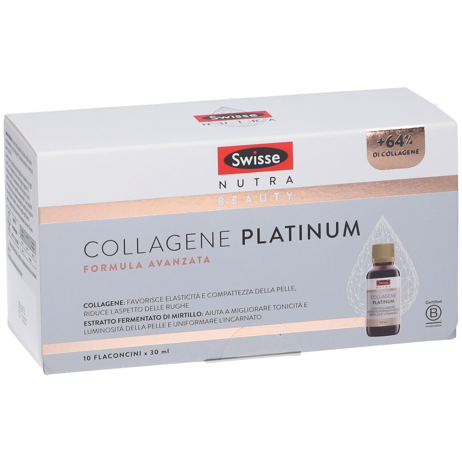 Confezione di Swisse Collagene Platinum. Scatola bianca con immagine del prodotto e logo. Contiene 10 flaconcini.