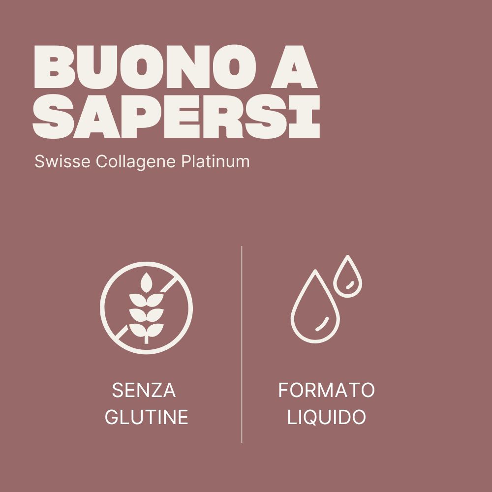 Grafica con simboli: senza glutine e forma liquida. Testo: Swisse Collagene Platinum.