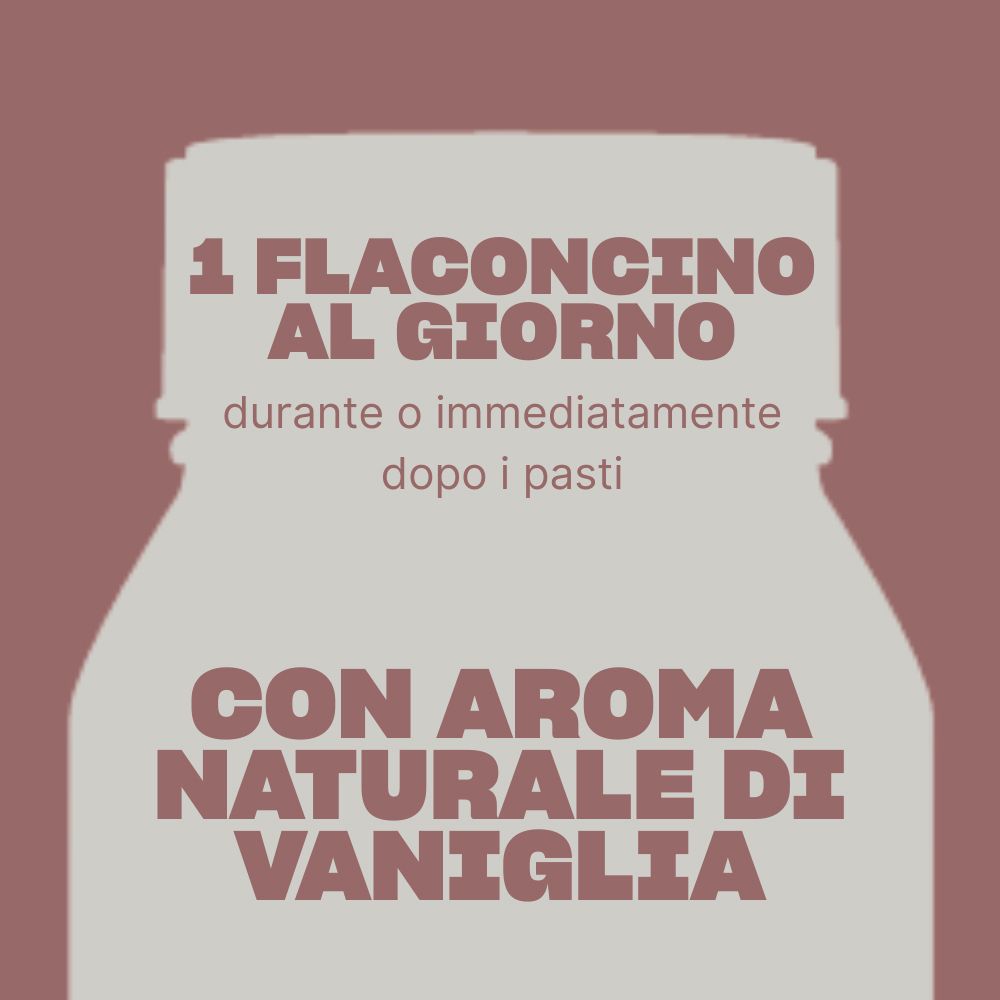 Grafica con testo: 1 flaconcino al giorno. Con aroma naturale di vaniglia. Testo in italiano.