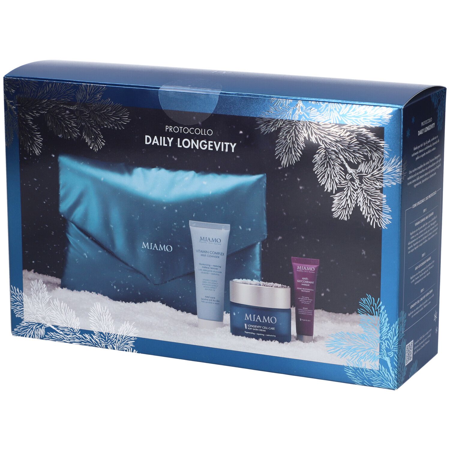 Set regalo con prodotti su sfondo bianco. Contiene: crema, latte detergente, maschera e pochette. Testo: Miamo, Protocollo Daily Longevity.