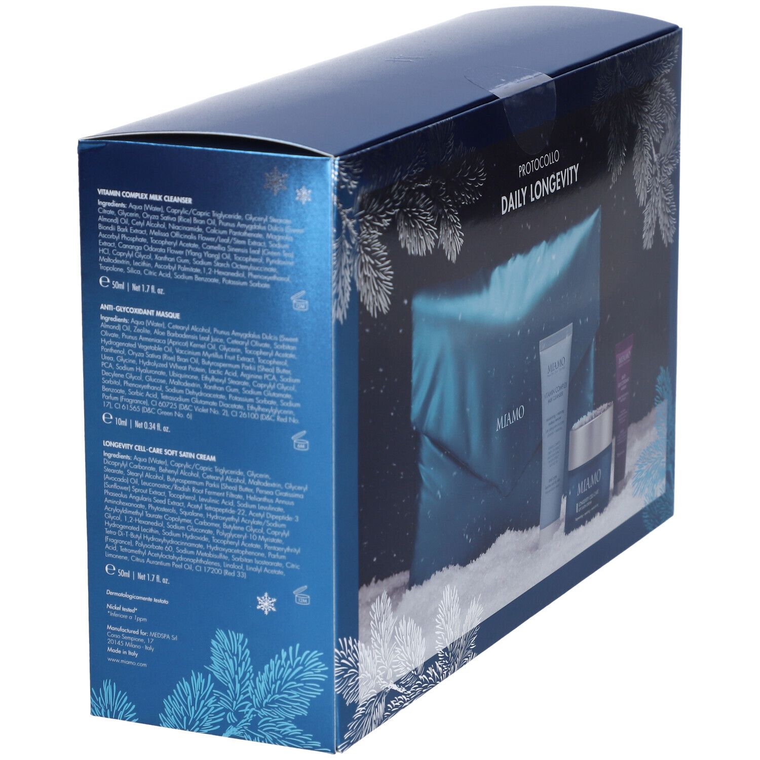 Retro della confezione regalo con informazioni sul prodotto e ingredienti. Testo: Miamo, Protocollo Daily Longevity. Prodotti: crema, latte detergente, maschera.