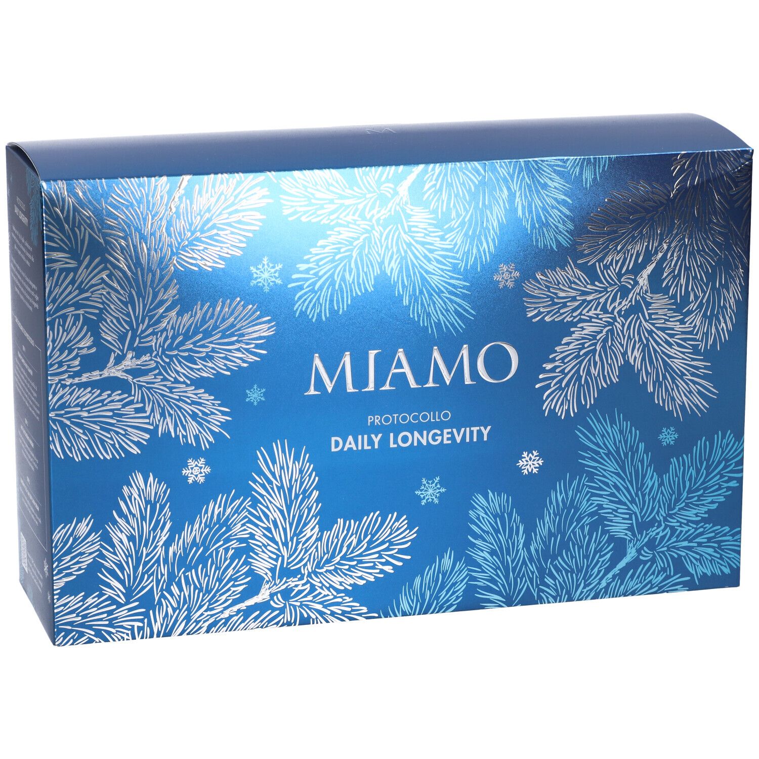 Scatola regalo blu con motivo argentato e testo. Testo: Miamo, Protocollo Daily Longevity. Design con rami di pino e fiocchi di neve.