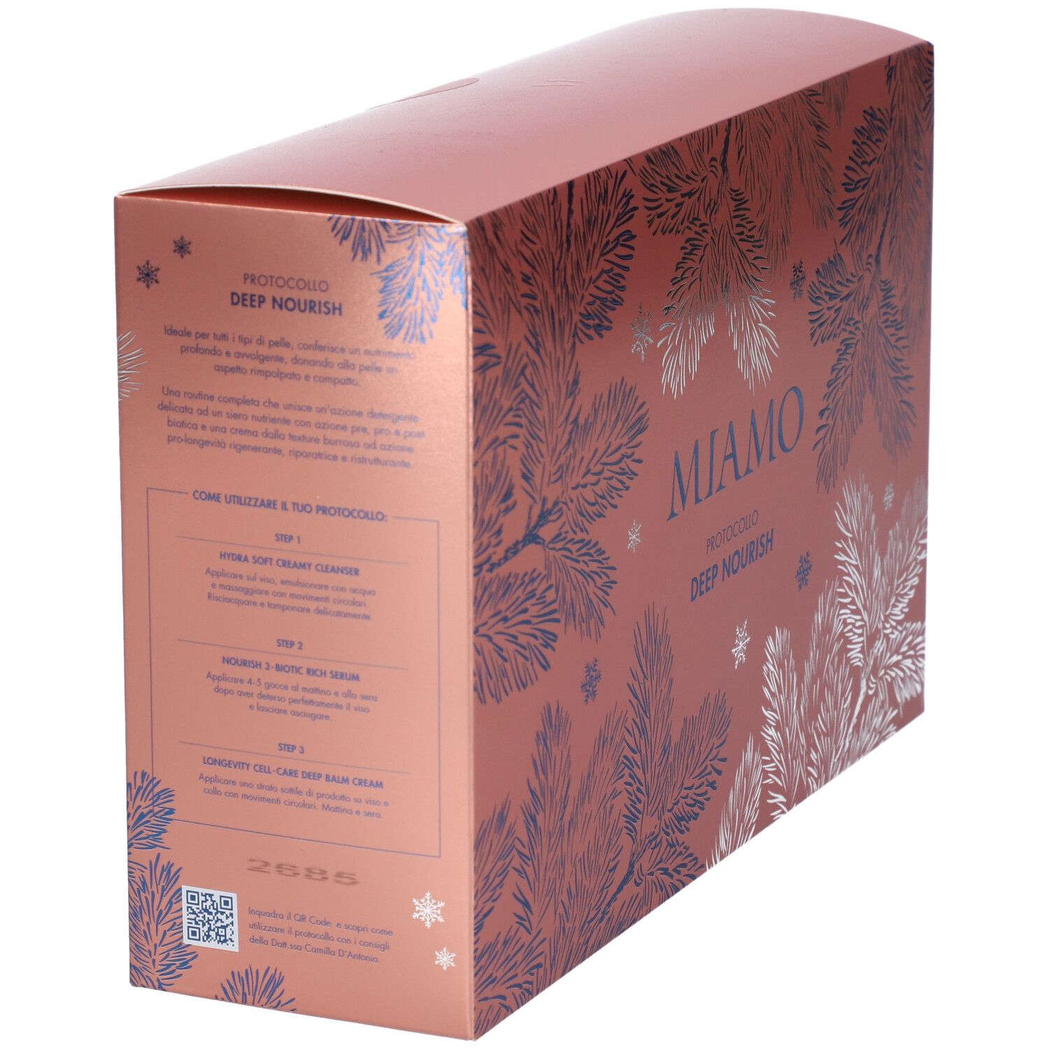 Scatola regalo rosa, lato con testo e nomi dei prodotti. Scritta: MIAMO PROTOCOLLO DEEP NOURISH.