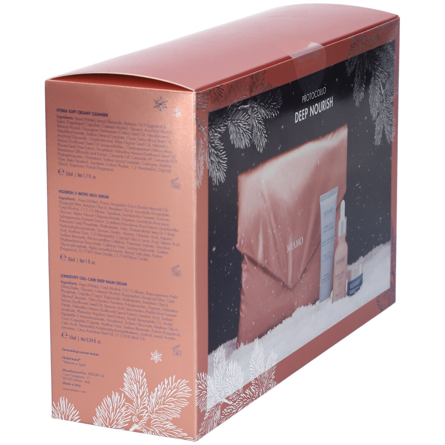 Confezione regalo, lato con testo e prodotti. Scritta: MIAMO PROTOCOLLO DEEP NOURISH. Prodotti: crema, siero, balsamo.