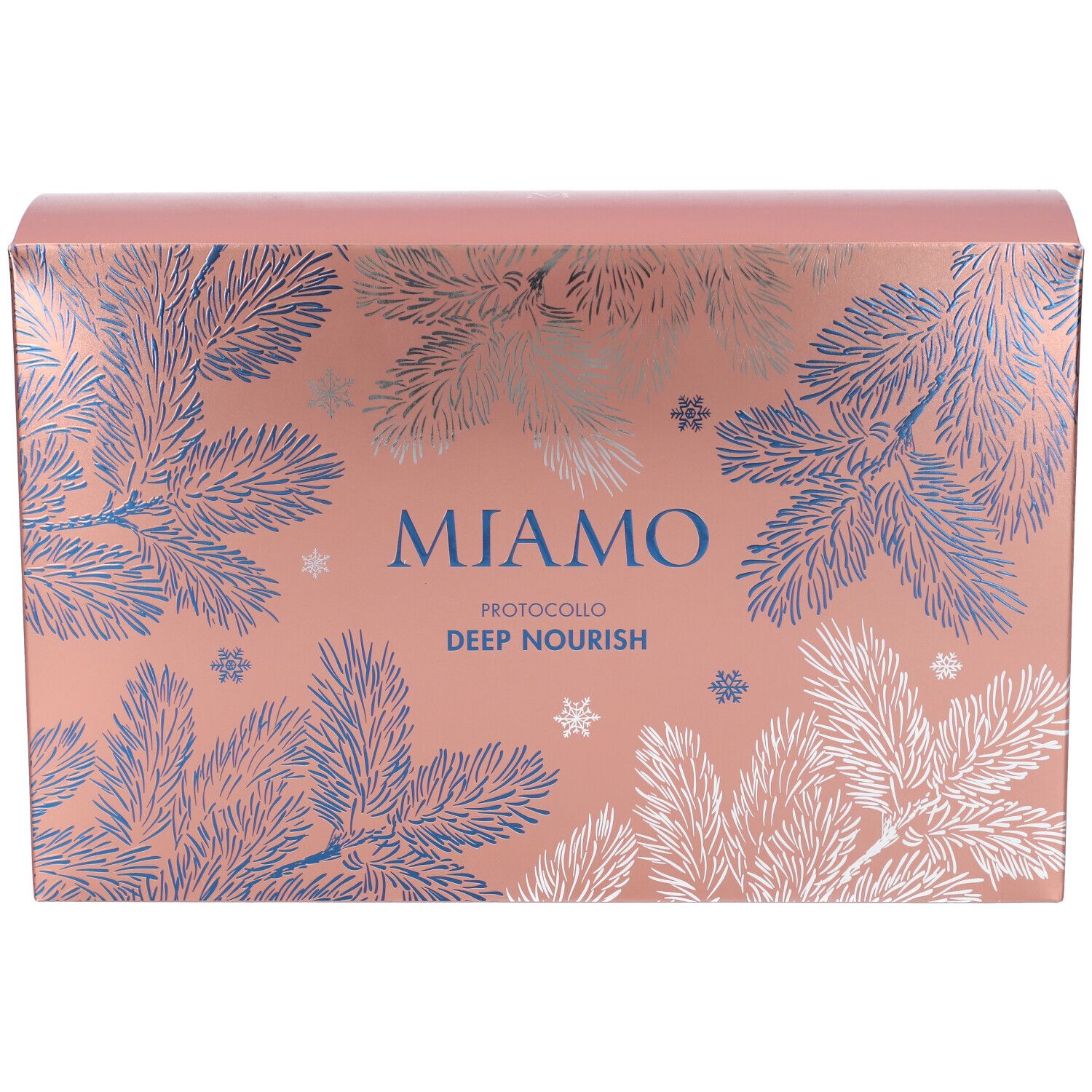 Scatola regalo rosa con rami di pino blu e bianchi. Scritta: MIAMO PROTOCOLLO DEEP NOURISH.