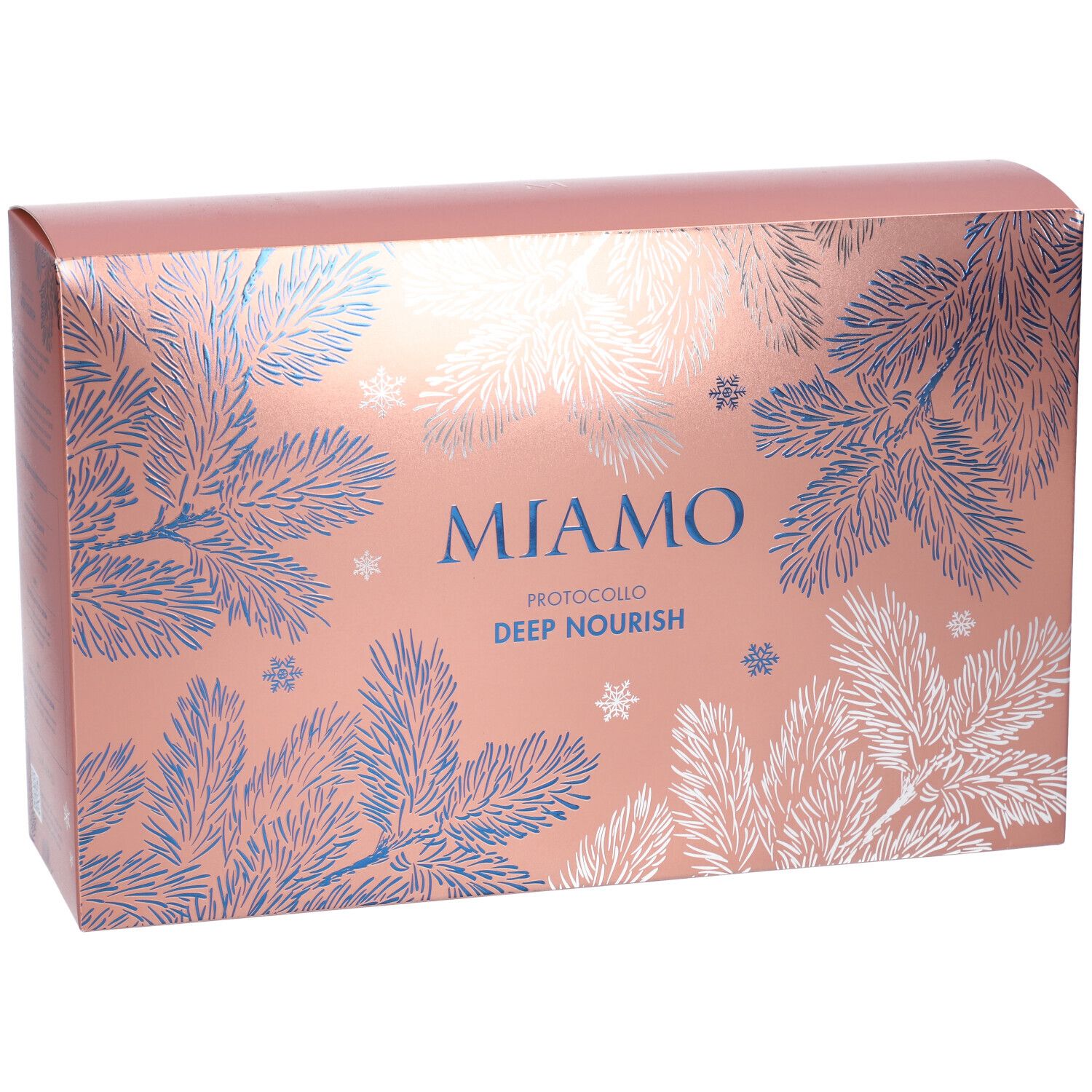 Scatola regalo rosa con rami di pino blu e bianchi. Scritta: MIAMO PROTOCOLLO DEEP NOURISH.