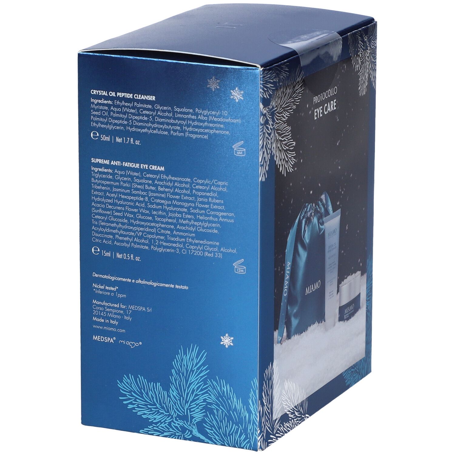 Retro della confezione regalo con ingredienti e informazioni del produttore. Miamo Eye Care.