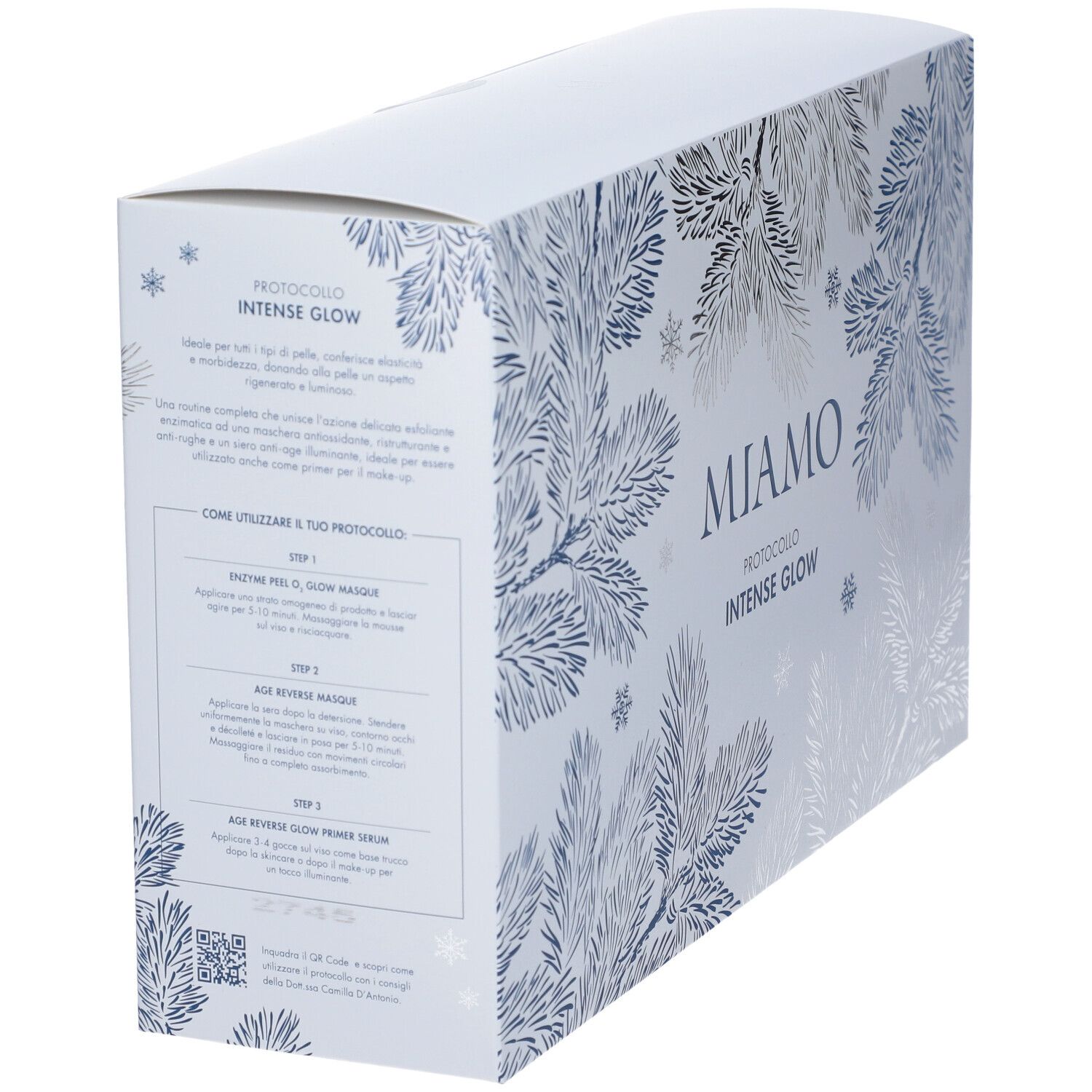 Scatola bianca con motivo rami di pino blu argento. Testo e codice QR sul lato. Scritta: MIAMO PROTOCOLLO INTENSE GLOW.