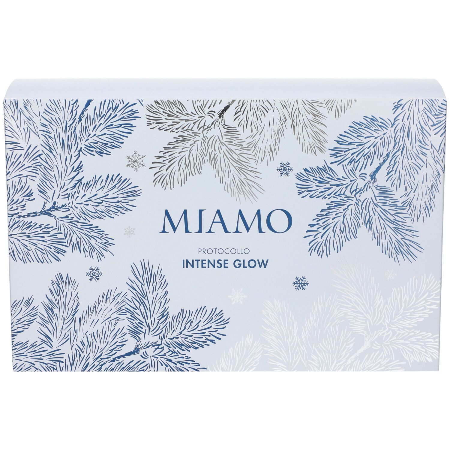 Scatola bianca con motivo rami di pino blu argento. Scritta: MIAMO PROTOCOLLO INTENSE GLOW.