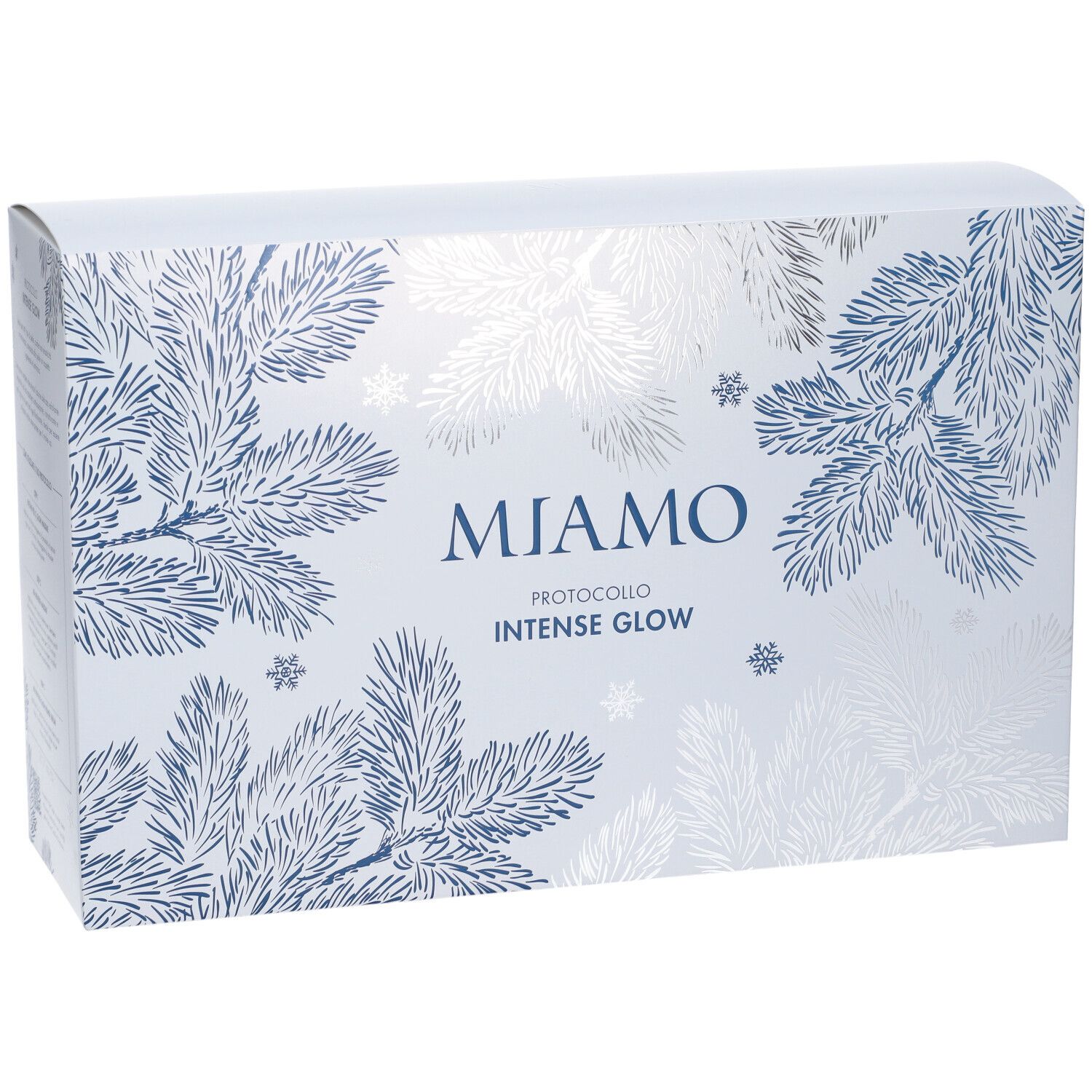 Scatola bianca con motivo rami di pino blu argento. Scritta: MIAMO PROTOCOLLO INTENSE GLOW.