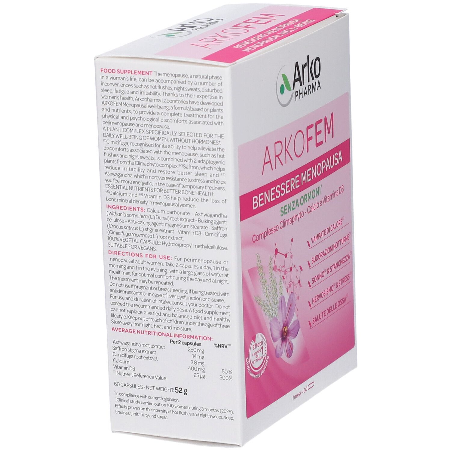 Retro della confezione Arkopharma Arkofem Menopausa Capsule con ingredienti e modalità d'uso.