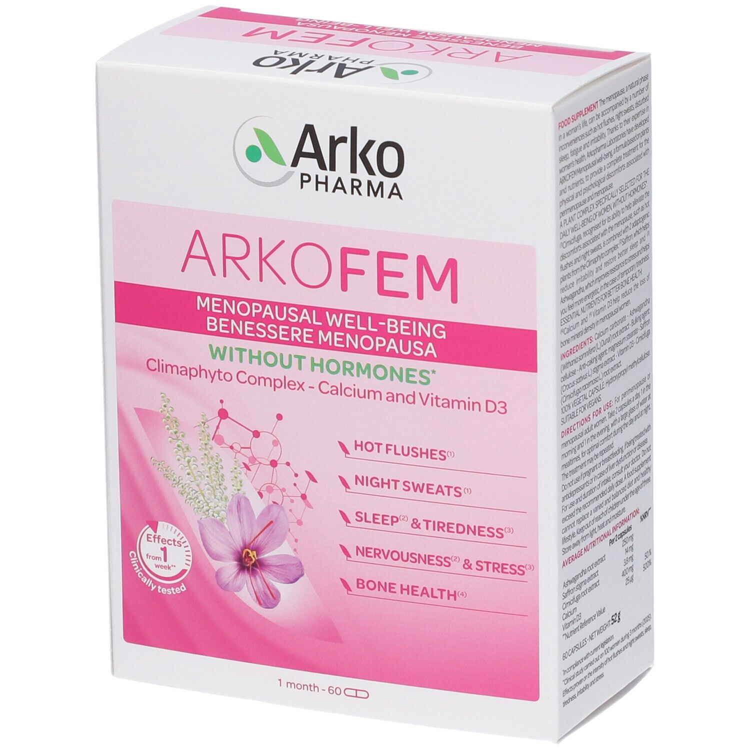 Confezione Arkopharma Arkofem Menopausa Capsule. Senza ormoni, per il benessere in menopausa.
