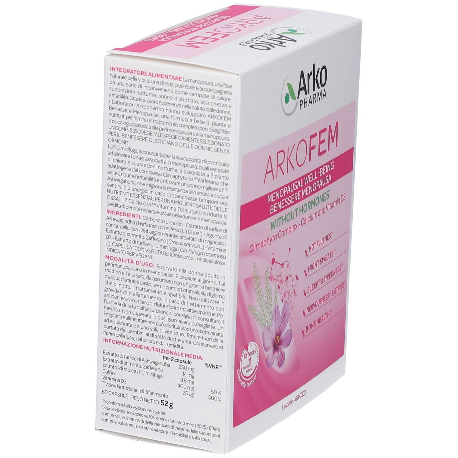 Lato della confezione Arkopharma Arkofem Menopausa Capsule con informazioni nutrizionali e ingredienti.