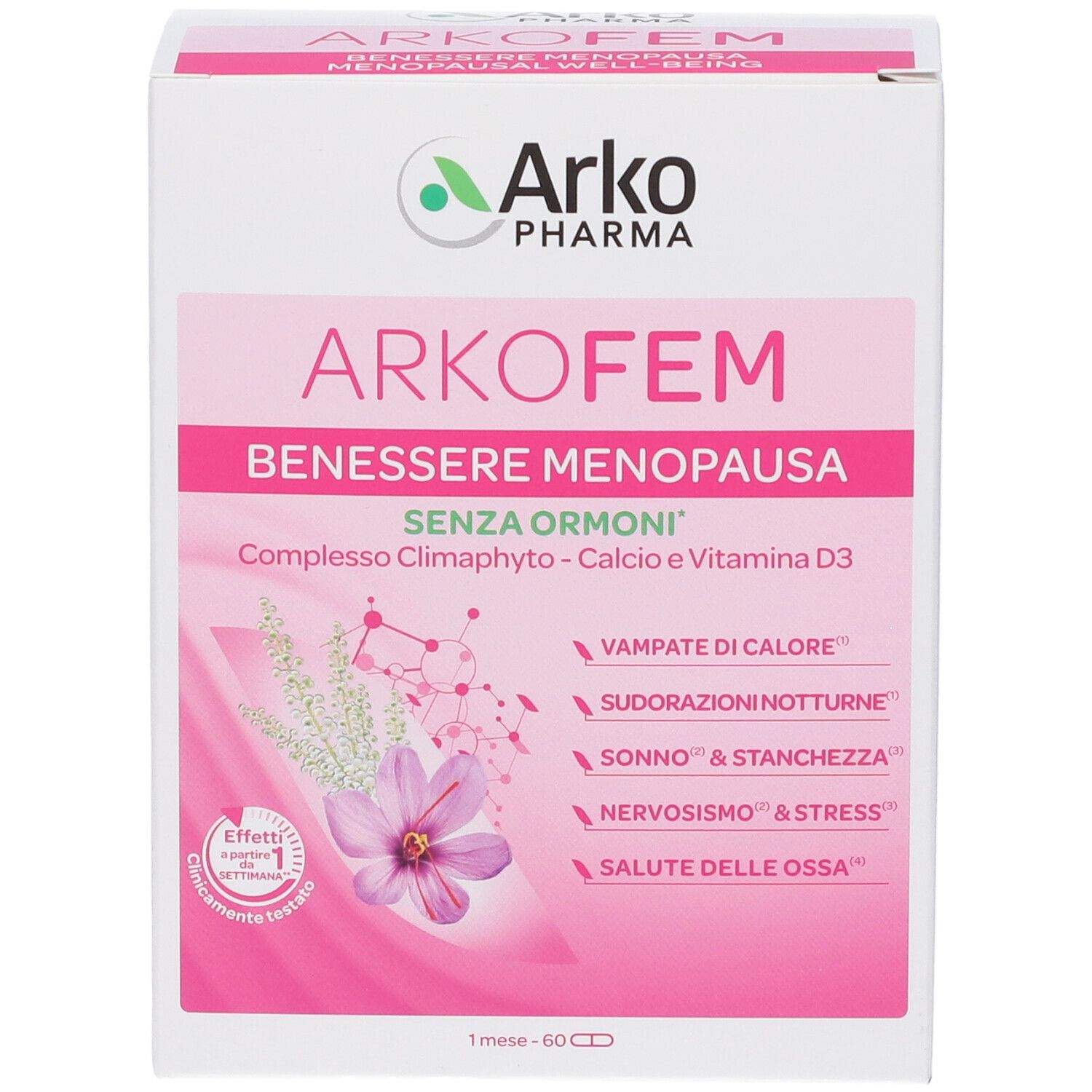 Confezione Arkopharma Arkofem Menopausa Capsule. Elenca sintomi come vampate di calore e sudorazioni notturne.