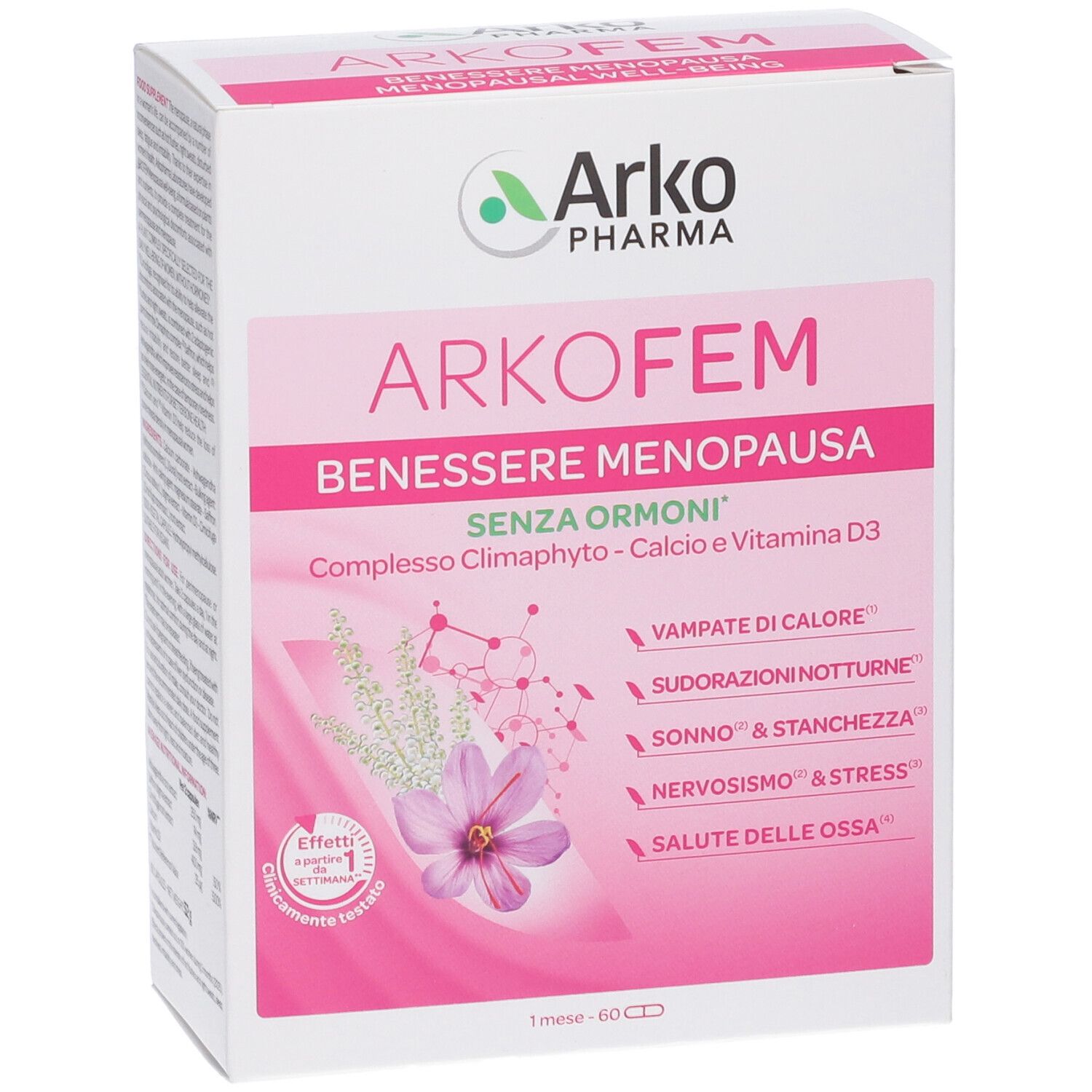 Confezione Arkopharma Arkofem Menopausa Capsule. Con effetti clinicamente testati per 1 mese.