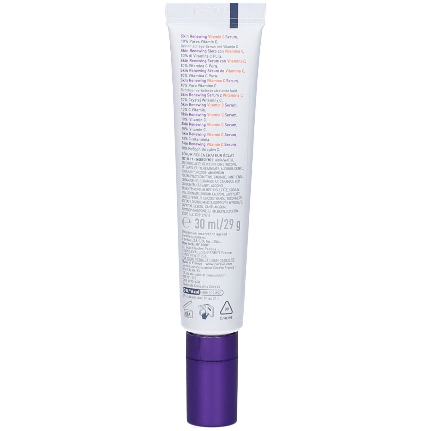 Retro del tubo di siero CeraVe Skin Renewing Vitamin C. Testo multilingue. Contiene informazioni sugli ingredienti.