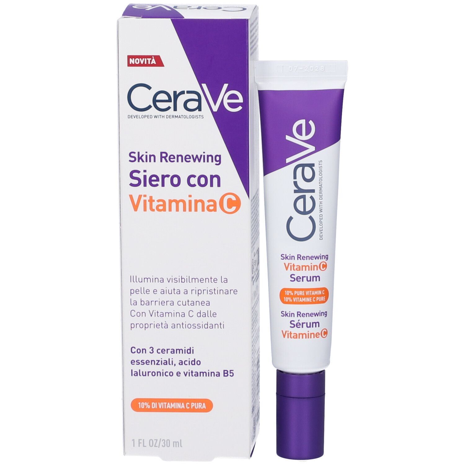 CeraVe Skin Renewing Siero con Vitamin C, in scatola e tubo. Design viola e bianco. Contiene vitamina C. Testo in italiano.