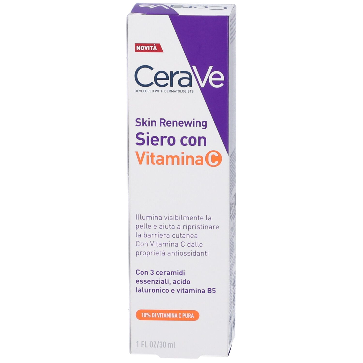 Scatola di CeraVe Skin Renewing Siero con Vitamin C. Design viola e bianco. Contiene vitamina C. Testo in italiano.
