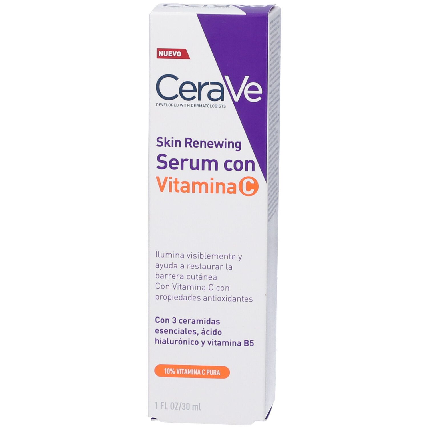 Scatola di CeraVe Skin Renewing Serum con Vitamin C. Design viola e bianco. Contiene vitamina C. Testo in spagnolo.