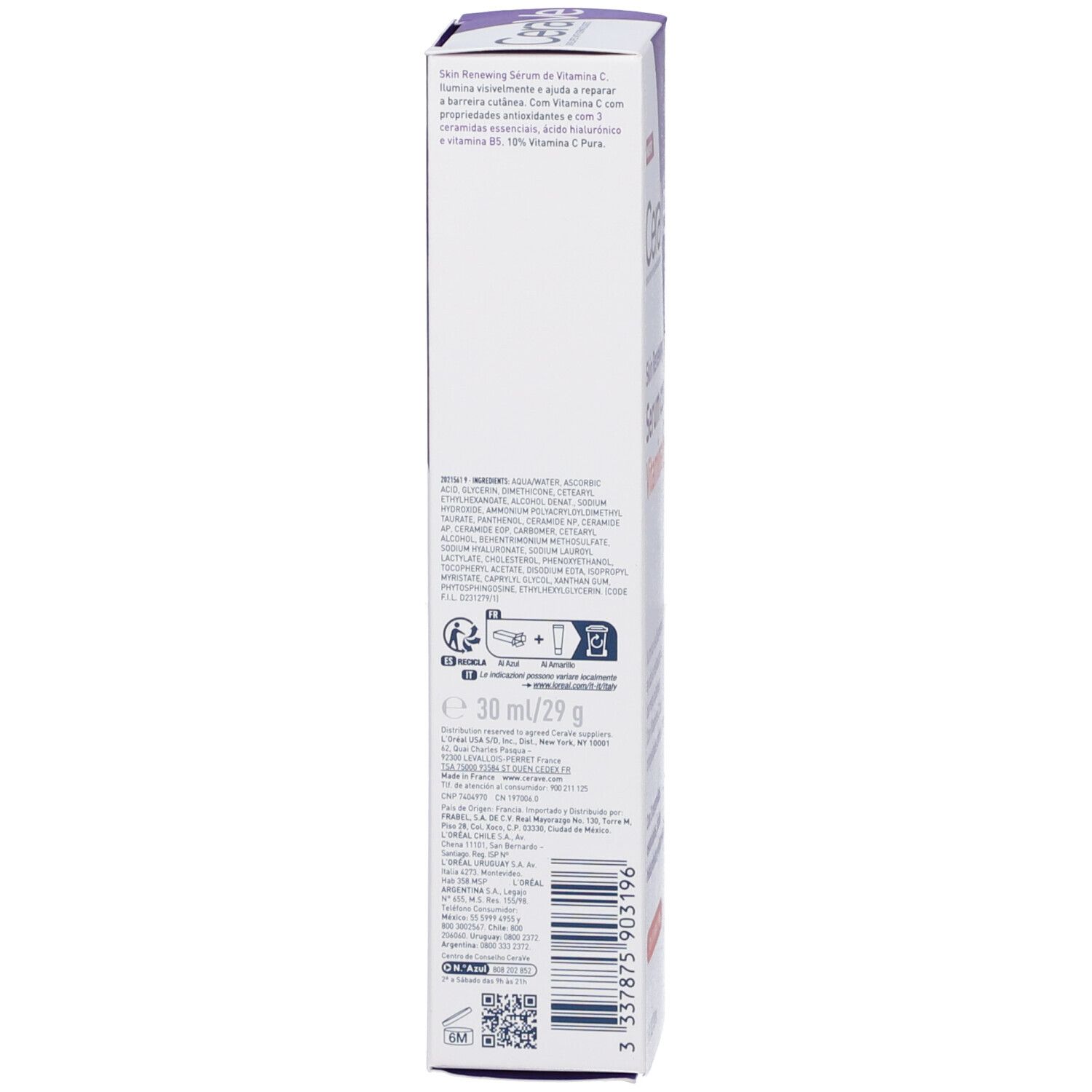 Retro della scatola CeraVe Skin Renewing Serum con Vitamin C. Testo in spagnolo. Contiene informazioni sul prodotto.