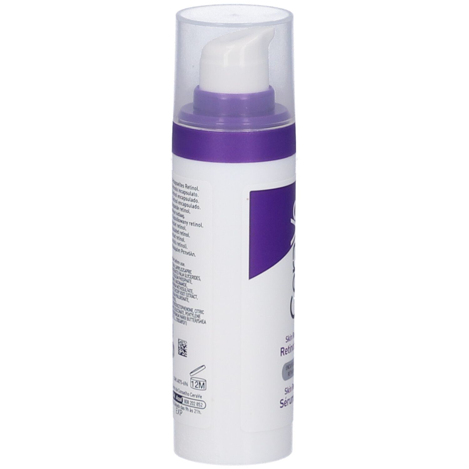 Flacone bianco-viola con dosatore. Scritta: CeraVe, Skin Renewing Retinol Serum. Retro con testo.