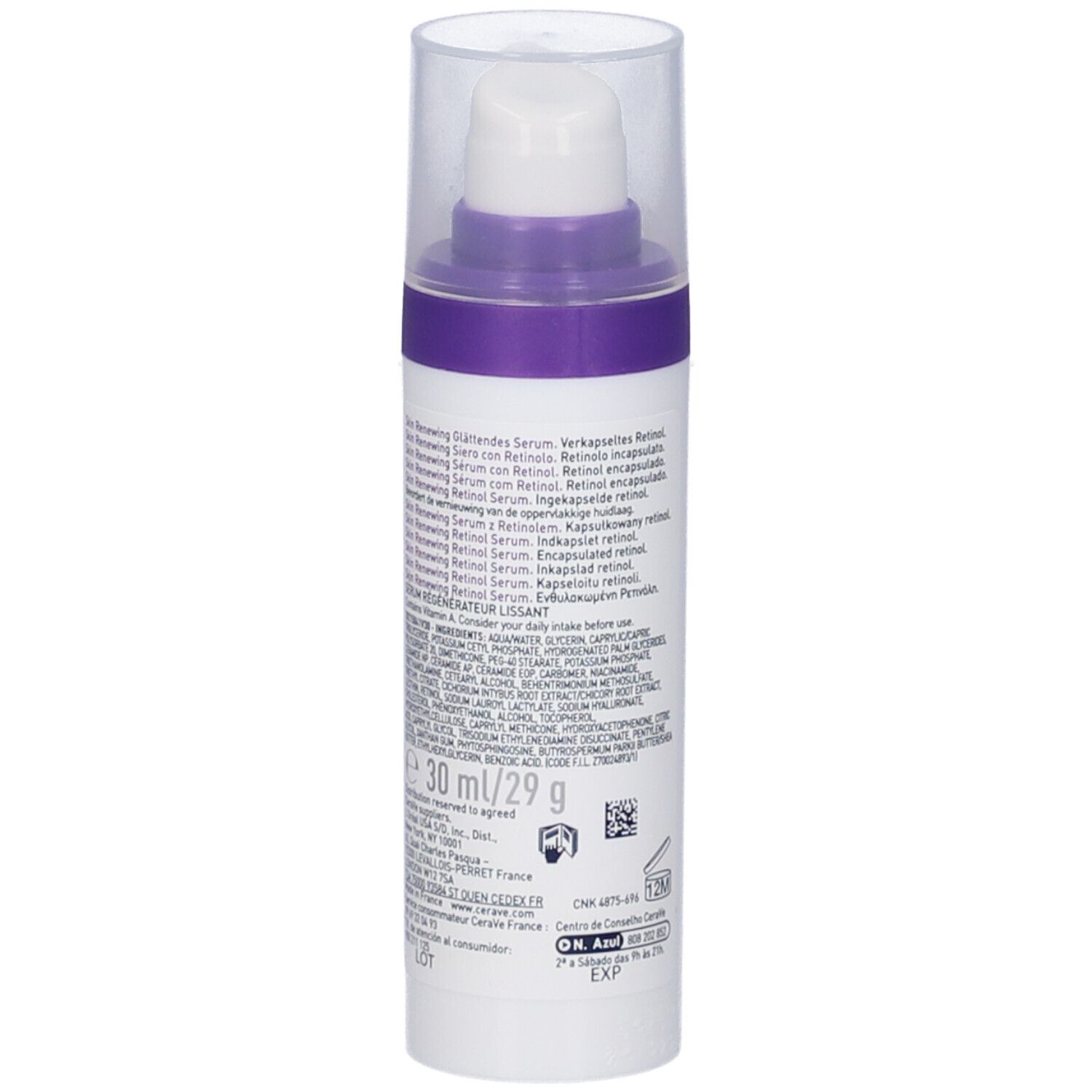 Flacone bianco-viola con dosatore. Scritta: CeraVe, Skin Renewing Retinol Serum. Retro con testo e volume.