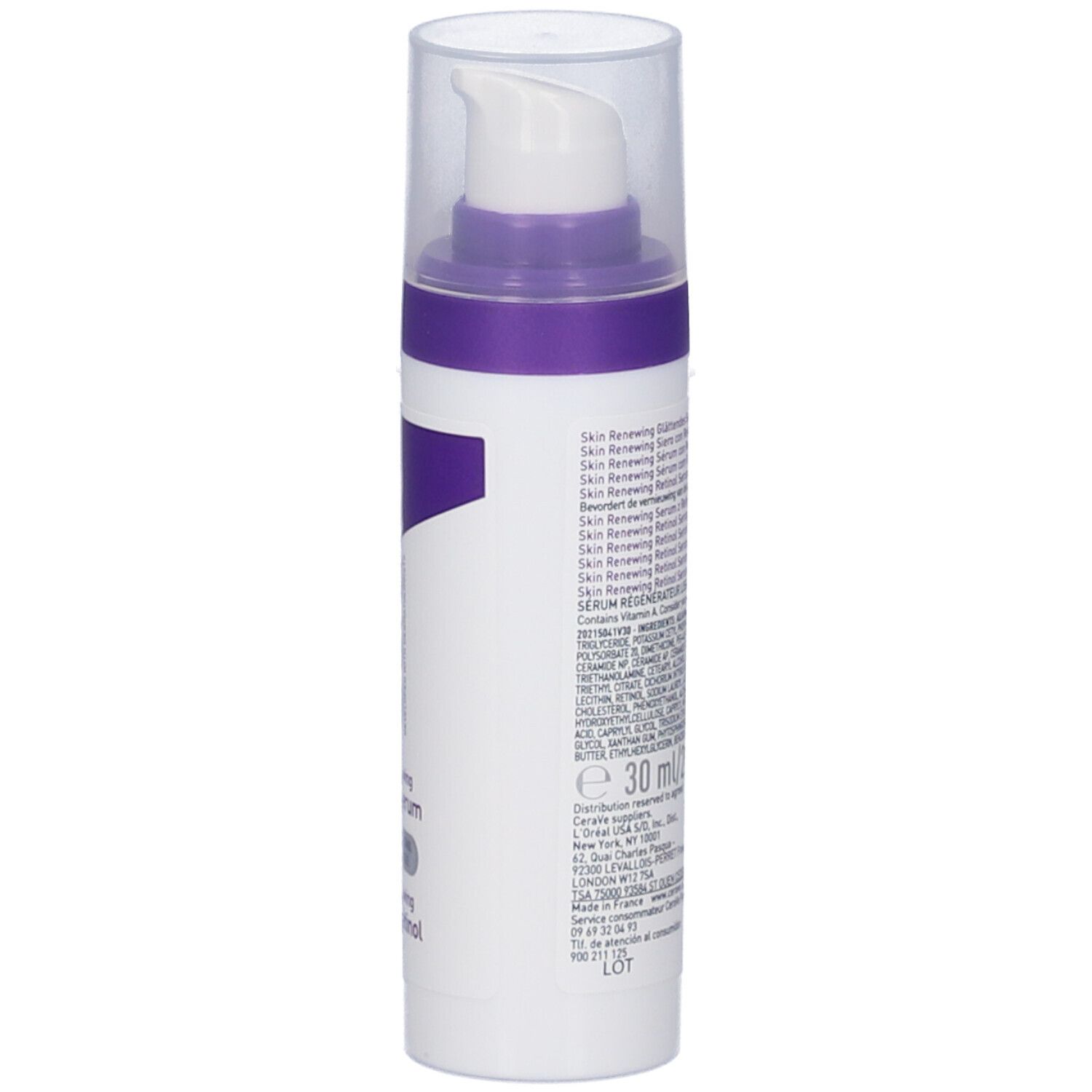 Flacone bianco-viola con dosatore. Scritta: CeraVe, Skin Renewing Retinol Serum. Retro con testo e volume.