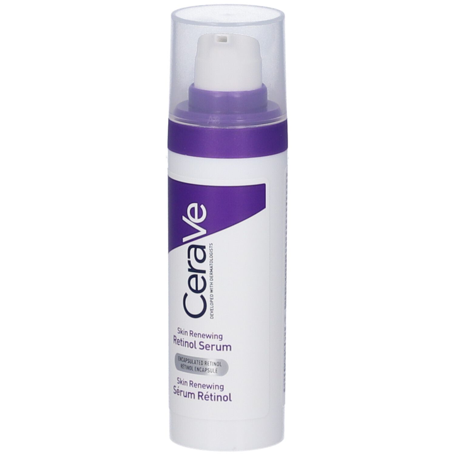 Flacone bianco-viola con dosatore. Scritta: CeraVe, Skin Renewing Retinol Serum. Tappo trasparente.