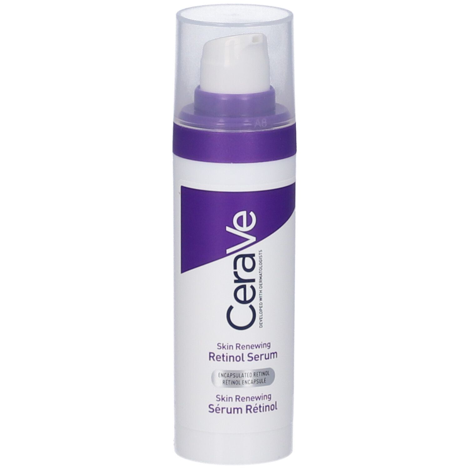 Flacone bianco-viola con dosatore. Scritta: CeraVe, Skin Renewing Retinol Serum. Tappo trasparente.